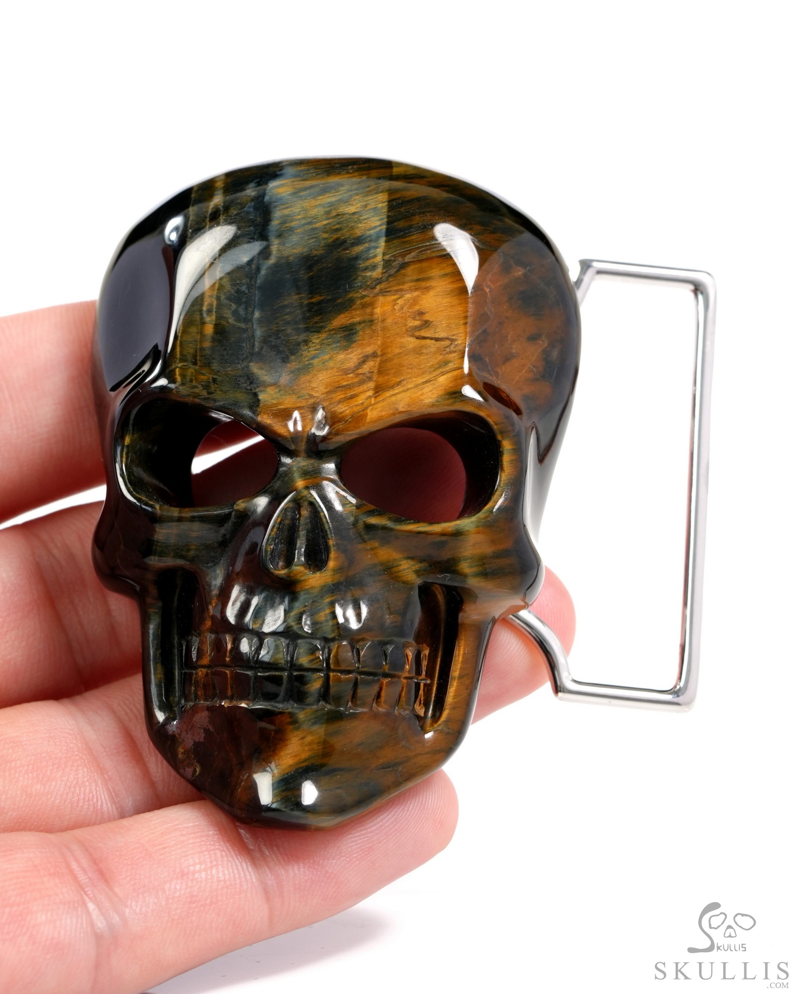 Gemstone Blue & Gold Tiger's Eye Hand Carved Crystal Skull Buckle in 925 Sterling Silver, Skull Jewelry Gemstone Blue & Gold Tiger's Eye Hand Carved Crystal Skull Buckle in 925 Sterling Silver, Skull Jewelry