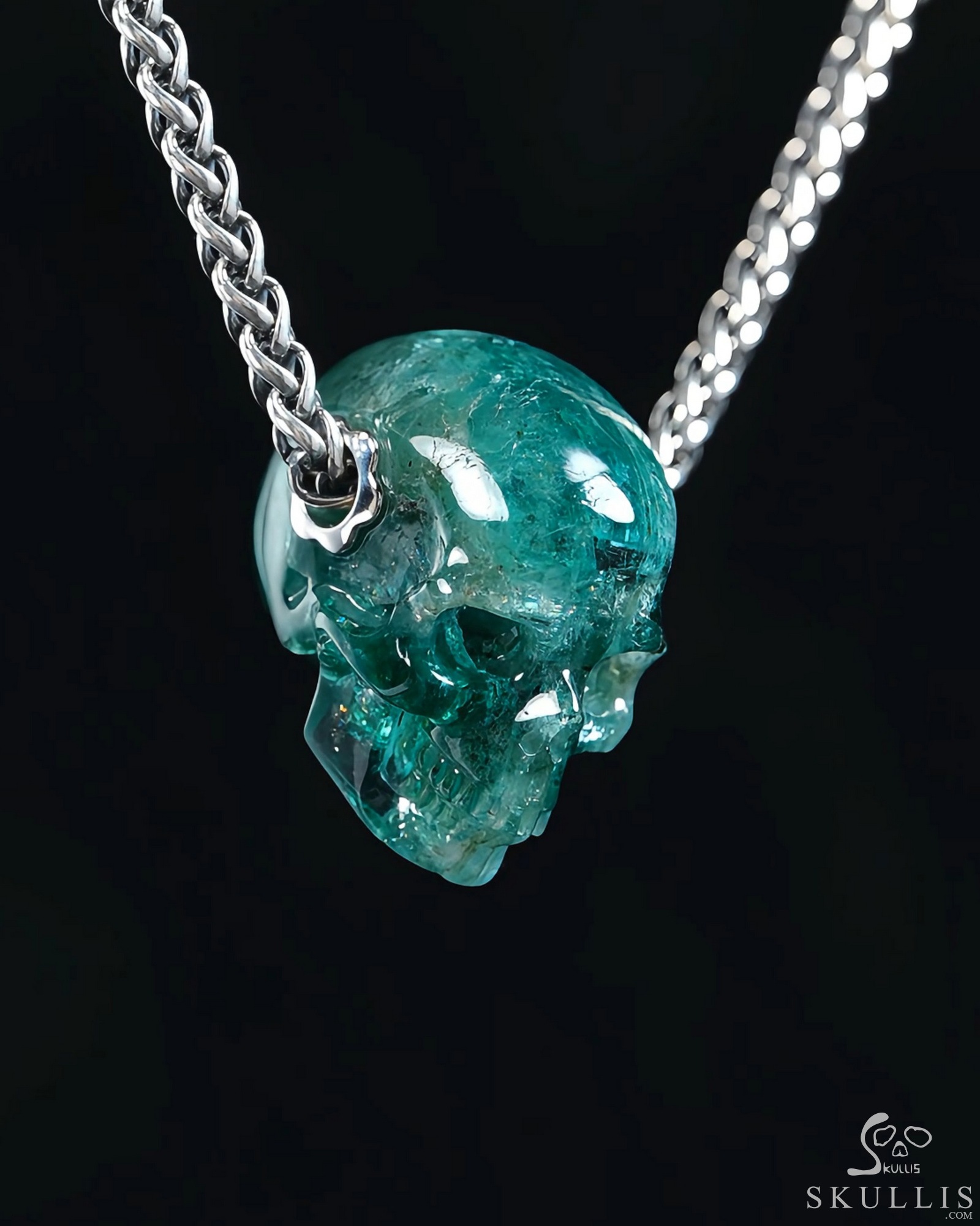 Gemstone Necklace of 0.9" Emerald Hand Carved Crystal Skull Pendant, Skull Jewelry Gemstone Necklace of 0.9" Emerald Hand Carved Crystal Skull Pendant, Skull Jewelry