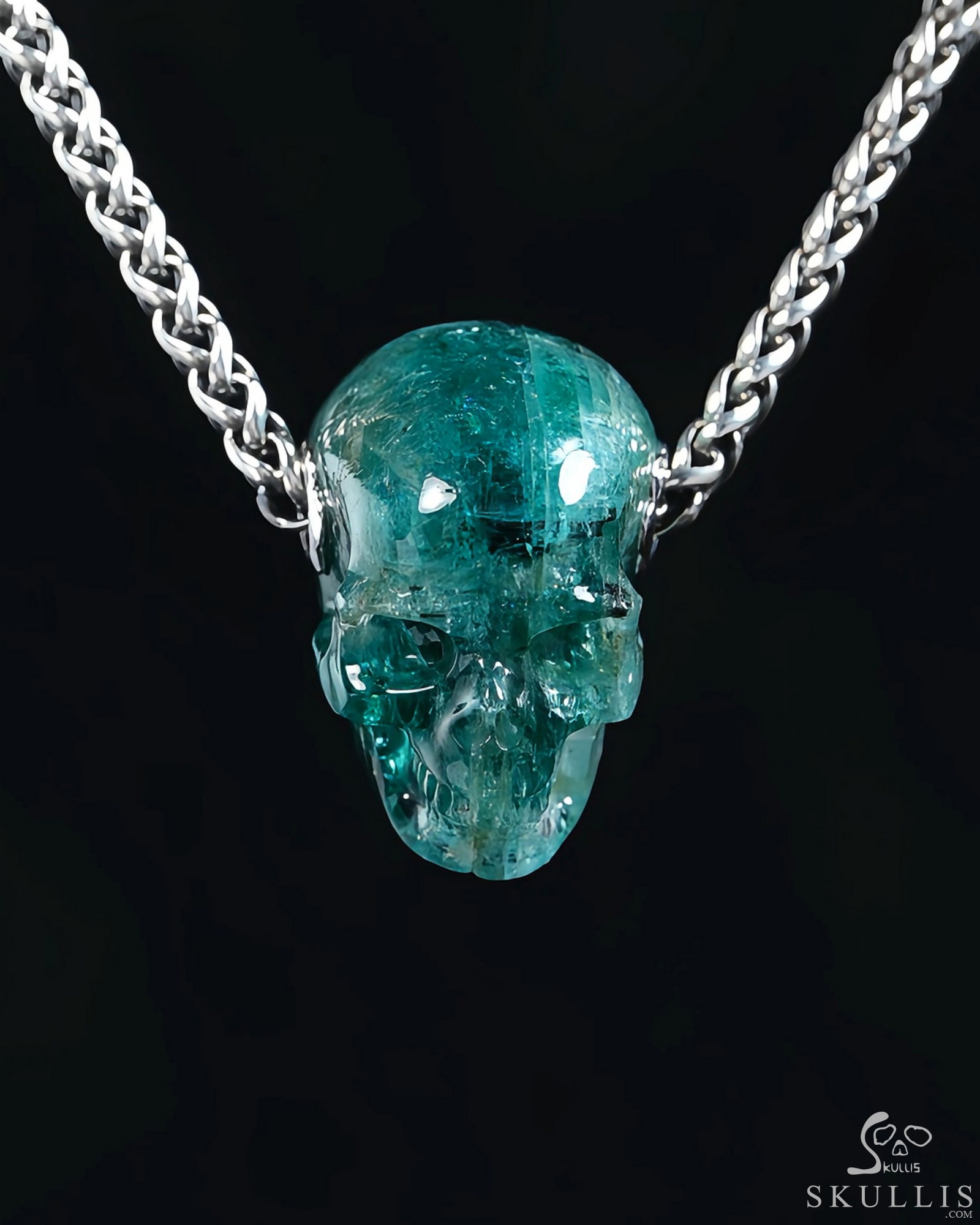 Gemstone Necklace of 0.9" Emerald Hand Carved Crystal Skull Pendant, Skull Jewelry Gemstone Necklace of 0.9" Emerald Hand Carved Crystal Skull Pendant, Skull Jewelry
