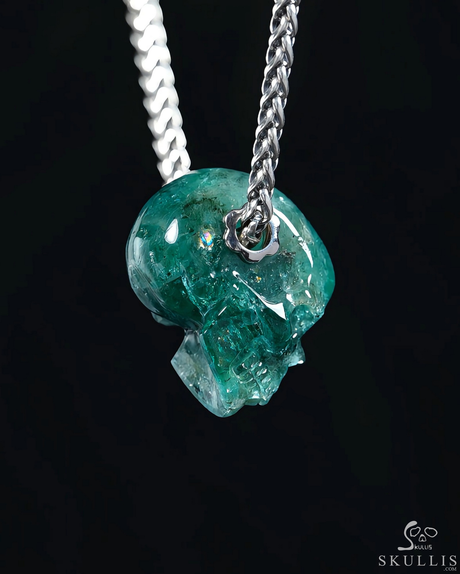 Gemstone Necklace of 0.9" Emerald Hand Carved Crystal Skull Pendant, Skull Jewelry Gemstone Necklace of 0.9" Emerald Hand Carved Crystal Skull Pendant, Skull Jewelry