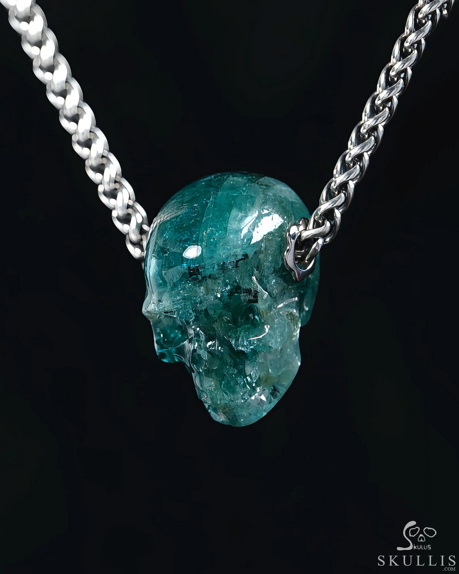 Gemstone Necklace of 0.9" Emerald Hand Carved Crystal Skull Pendant, Skull Jewelry Gemstone Necklace of 0.9" Emerald Hand Carved Crystal Skull Pendant, Skull Jewelry