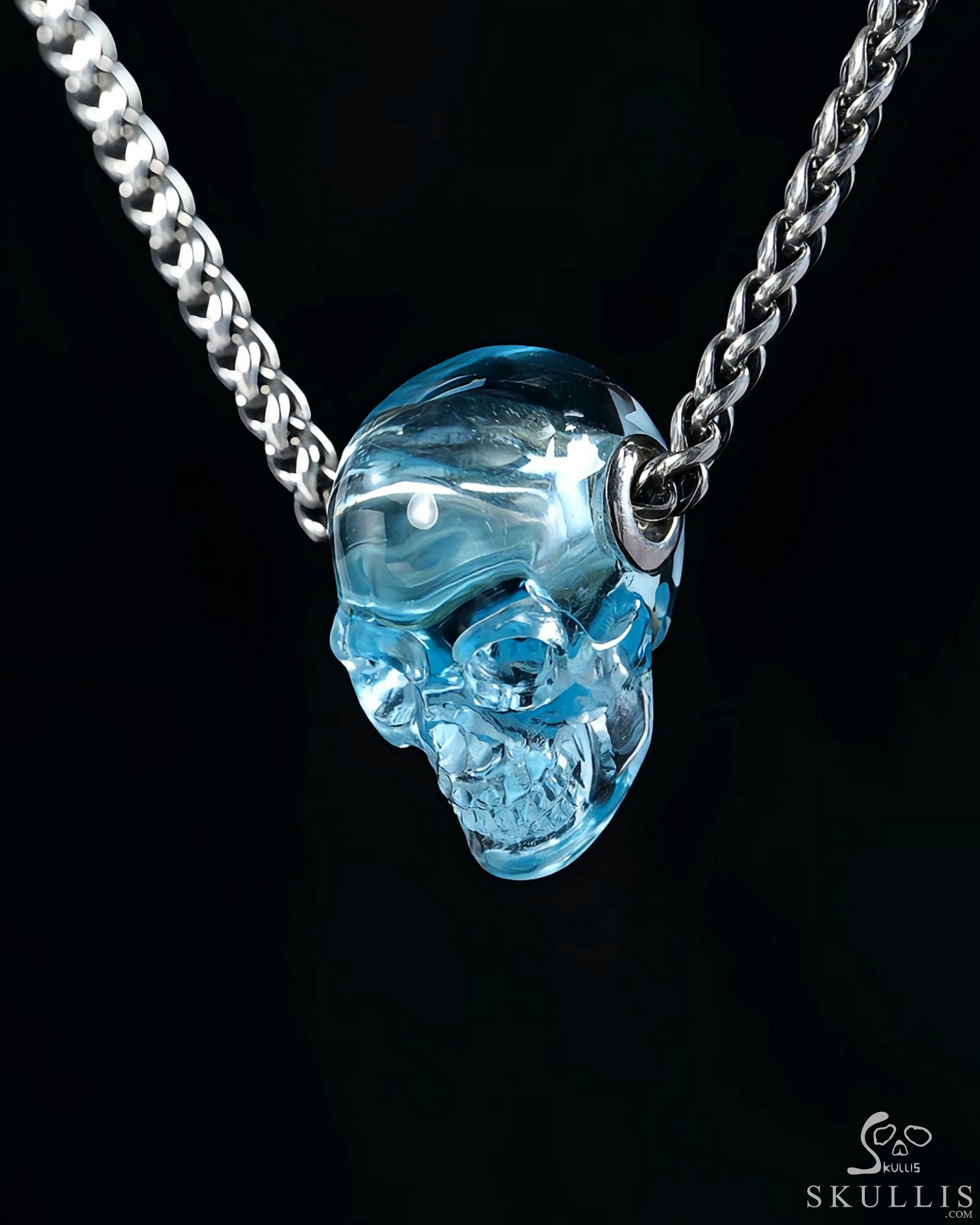 Necklace of 0.8" Sky Blue Topaz Hand Carved Crystal Skull Pendant, Skull Jewelry Necklace of 0.8" Sky Blue Topaz Hand Carved Crystal Skull Pendant, Skull Jewelry
