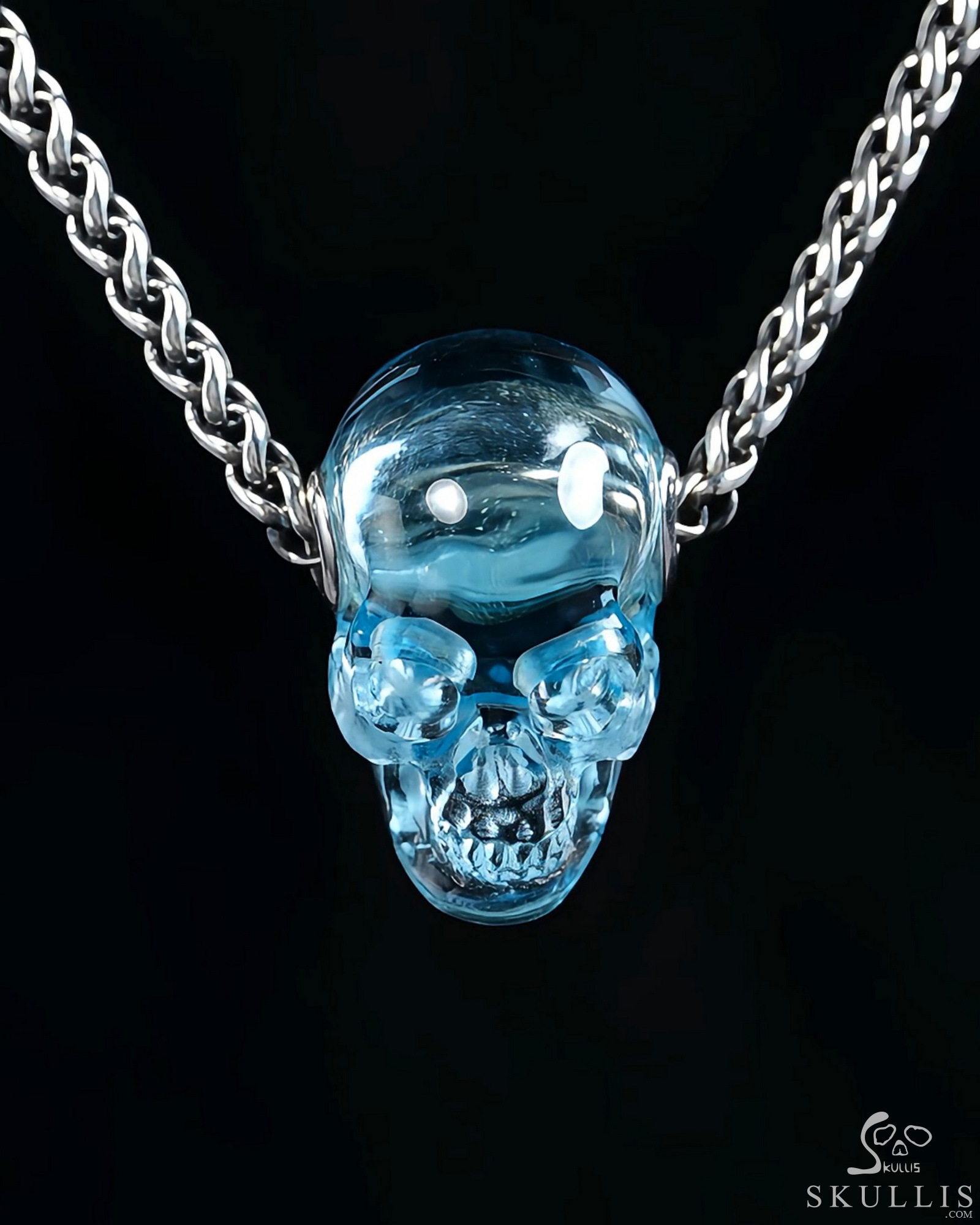 Necklace of 0.8" Sky Blue Topaz Hand Carved Crystal Skull Pendant, Skull Jewelry Necklace of 0.8" Sky Blue Topaz Hand Carved Crystal Skull Pendant, Skull Jewelry