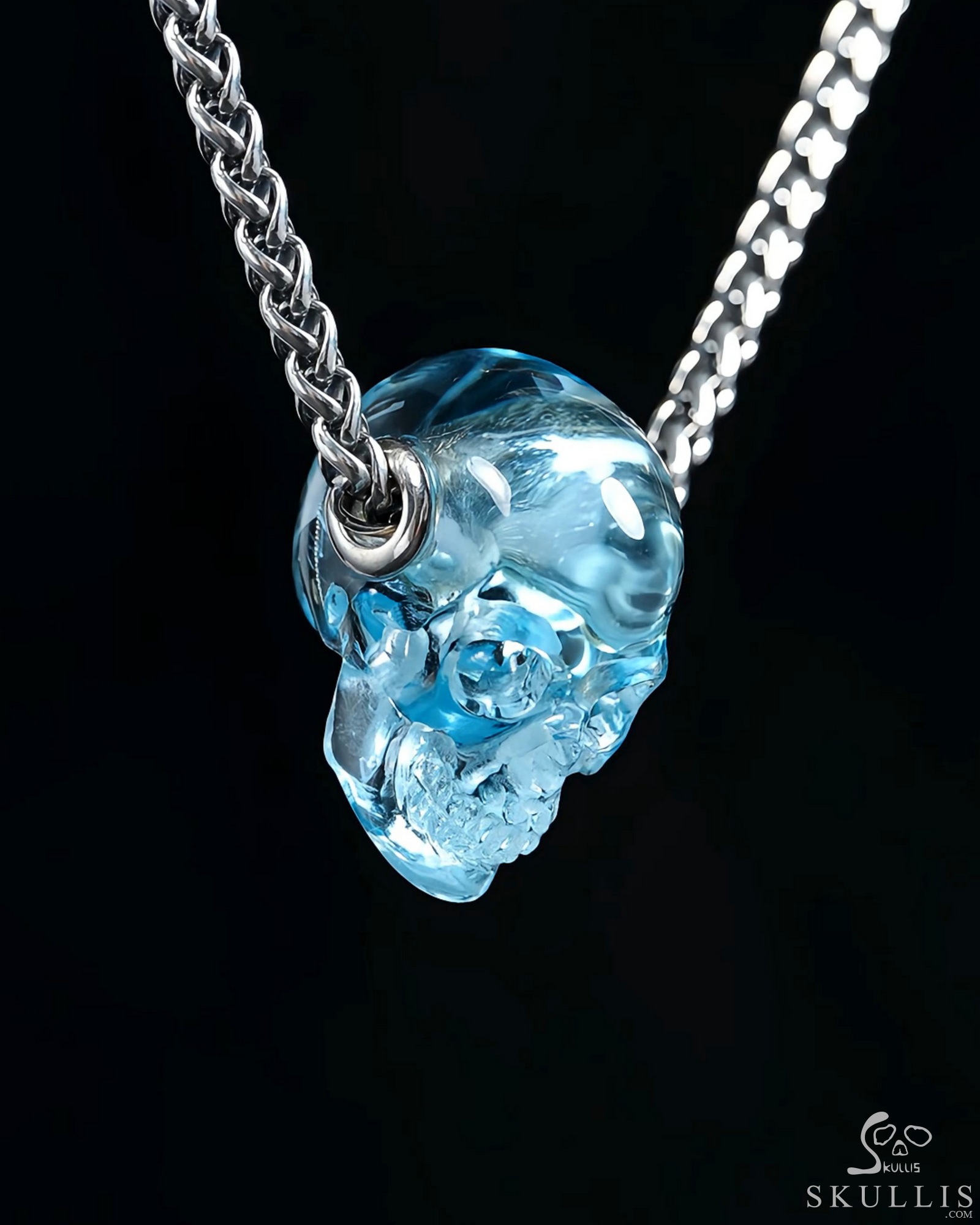 Necklace of 0.8" Sky Blue Topaz Hand Carved Crystal Skull Pendant, Skull Jewelry Necklace of 0.8" Sky Blue Topaz Hand Carved Crystal Skull Pendant, Skull Jewelry