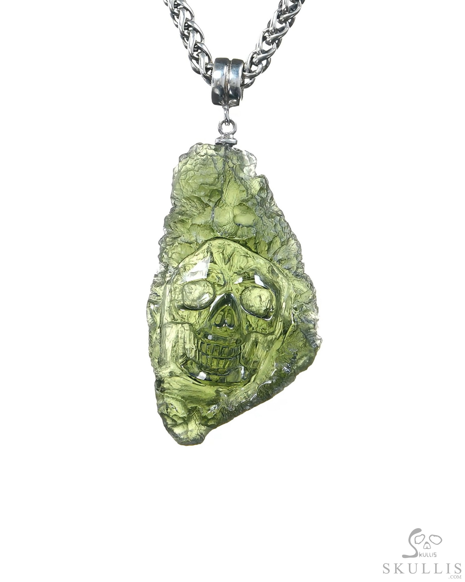Necklace of 1.6" Moldavite Hand Carved Crystal Skull Pendant, Skull Jewelry Necklace of 1.6" Moldavite Hand Carved Crystal Skull Pendant, Skull Jewelry