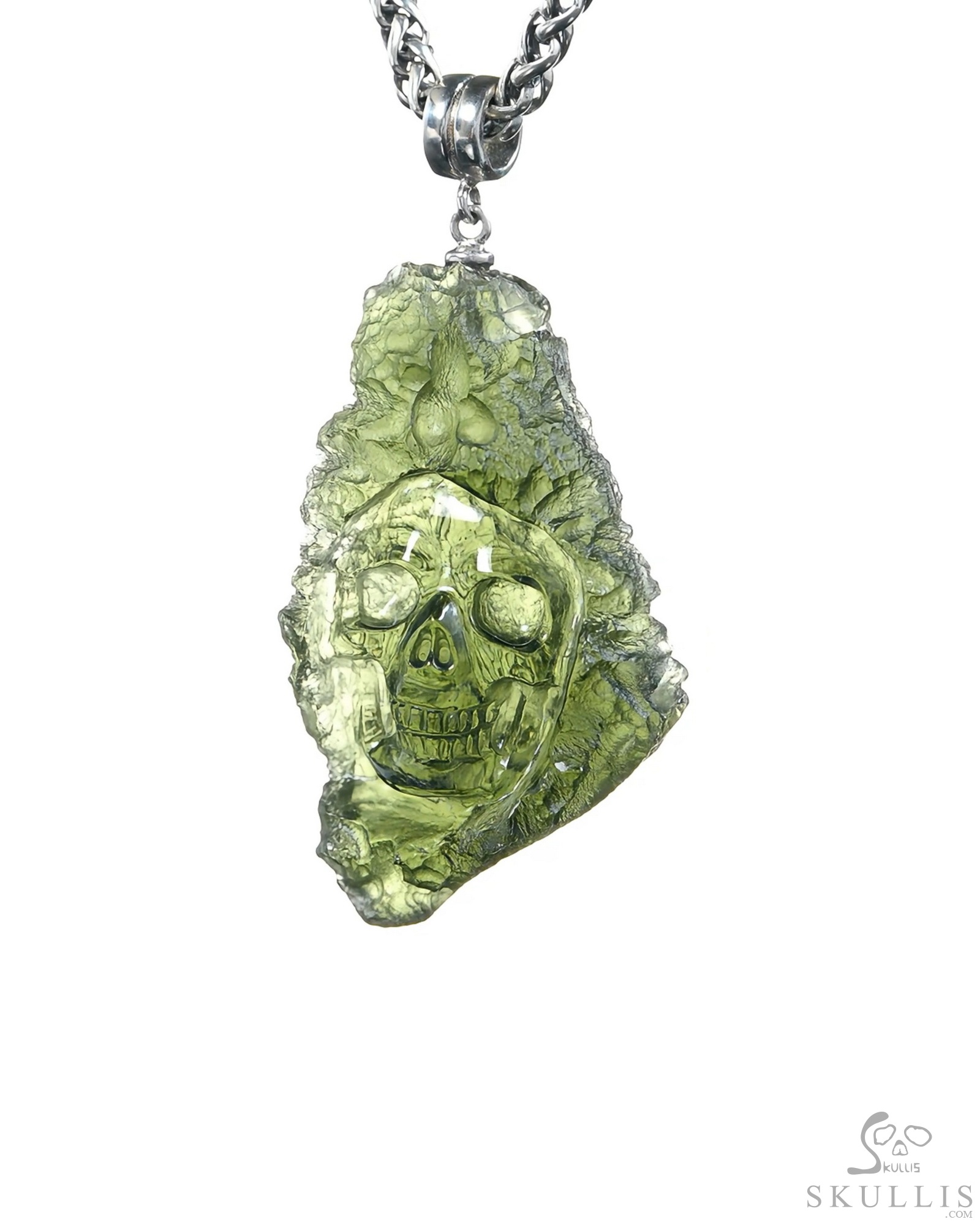 Necklace of 1.6" Moldavite Hand Carved Crystal Skull Pendant, Skull Jewelry Necklace of 1.6" Moldavite Hand Carved Crystal Skull Pendant, Skull Jewelry