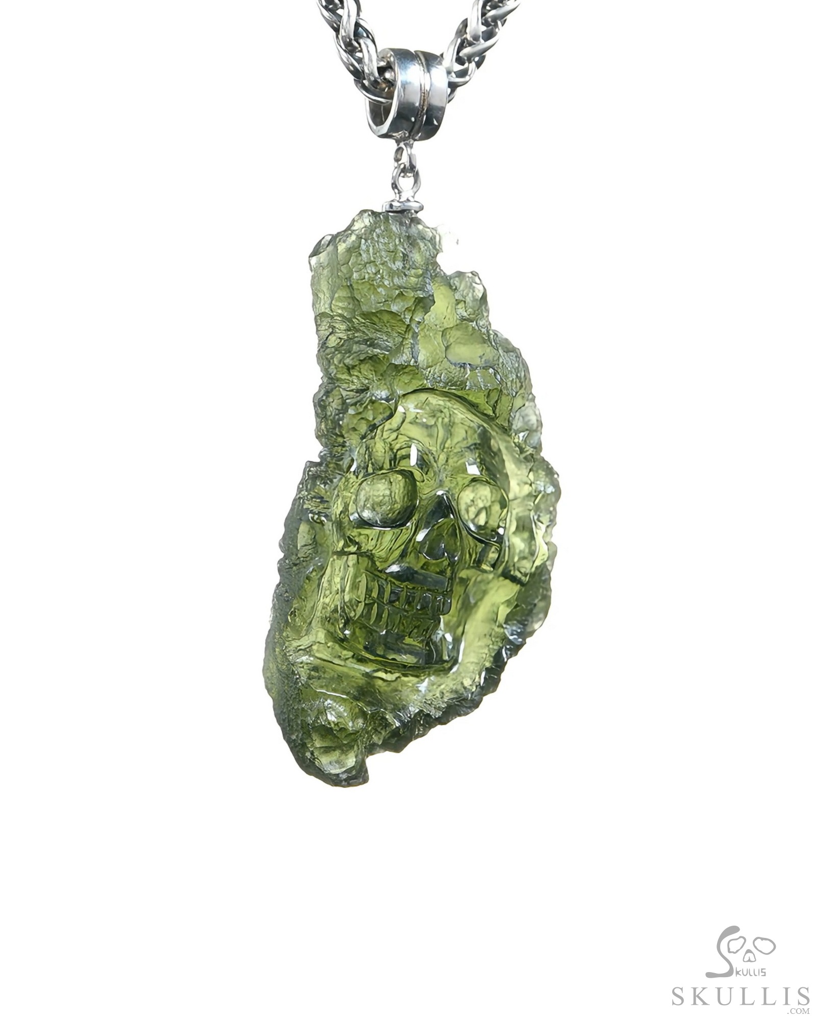 Necklace of 1.6" Moldavite Hand Carved Crystal Skull Pendant, Skull Jewelry Necklace of 1.6" Moldavite Hand Carved Crystal Skull Pendant, Skull Jewelry