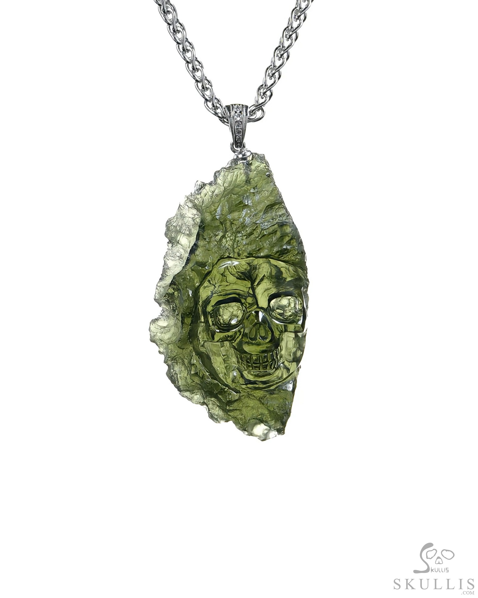 Necklace of 1.7" Moldavite Hand Carved Crystal Skull Pendant, Skull Jewelry Necklace of 1.7" Moldavite Hand Carved Crystal Skull Pendant, Skull Jewelry
