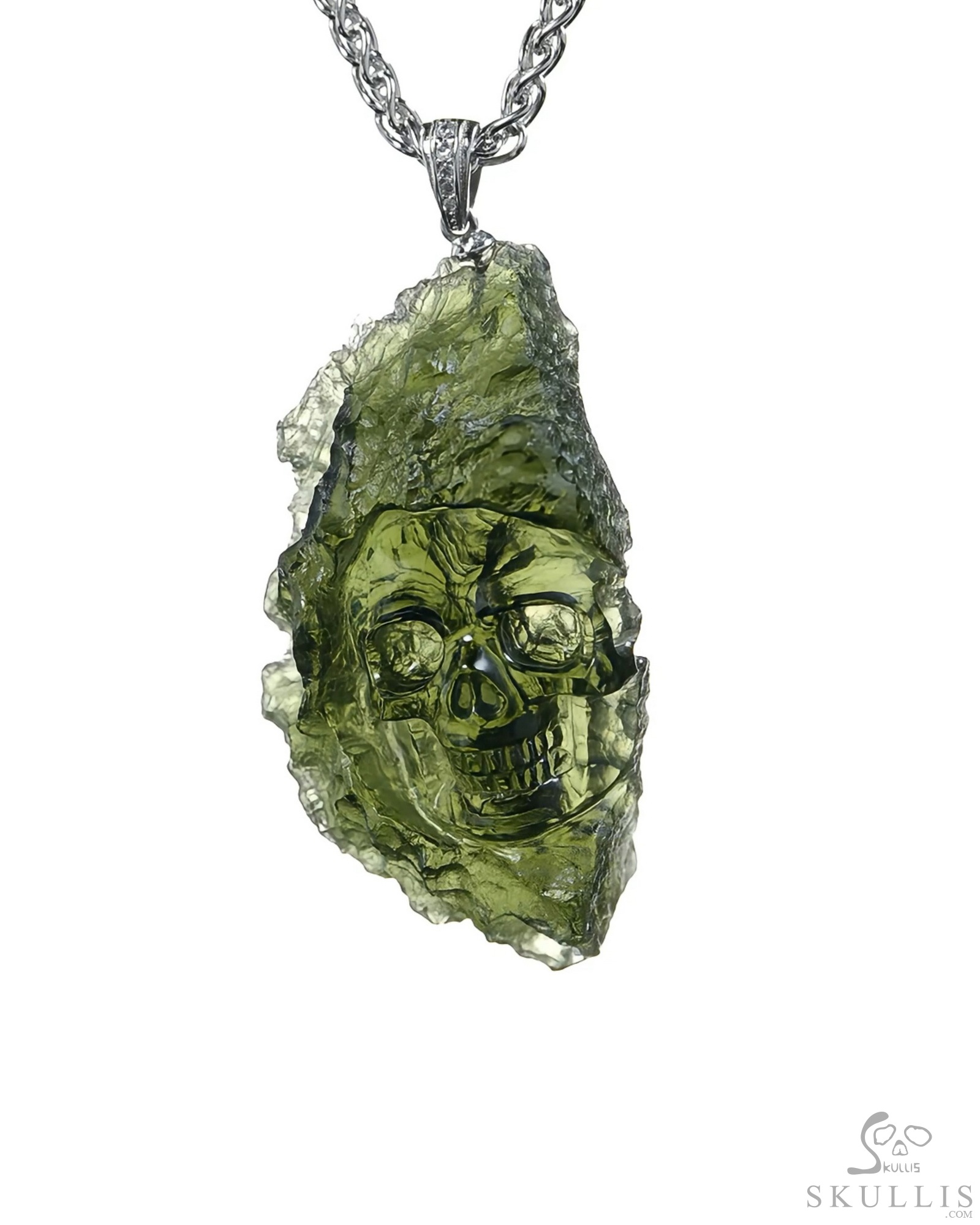 Necklace of 1.7" Moldavite Hand Carved Crystal Skull Pendant, Skull Jewelry Necklace of 1.7" Moldavite Hand Carved Crystal Skull Pendant, Skull Jewelry