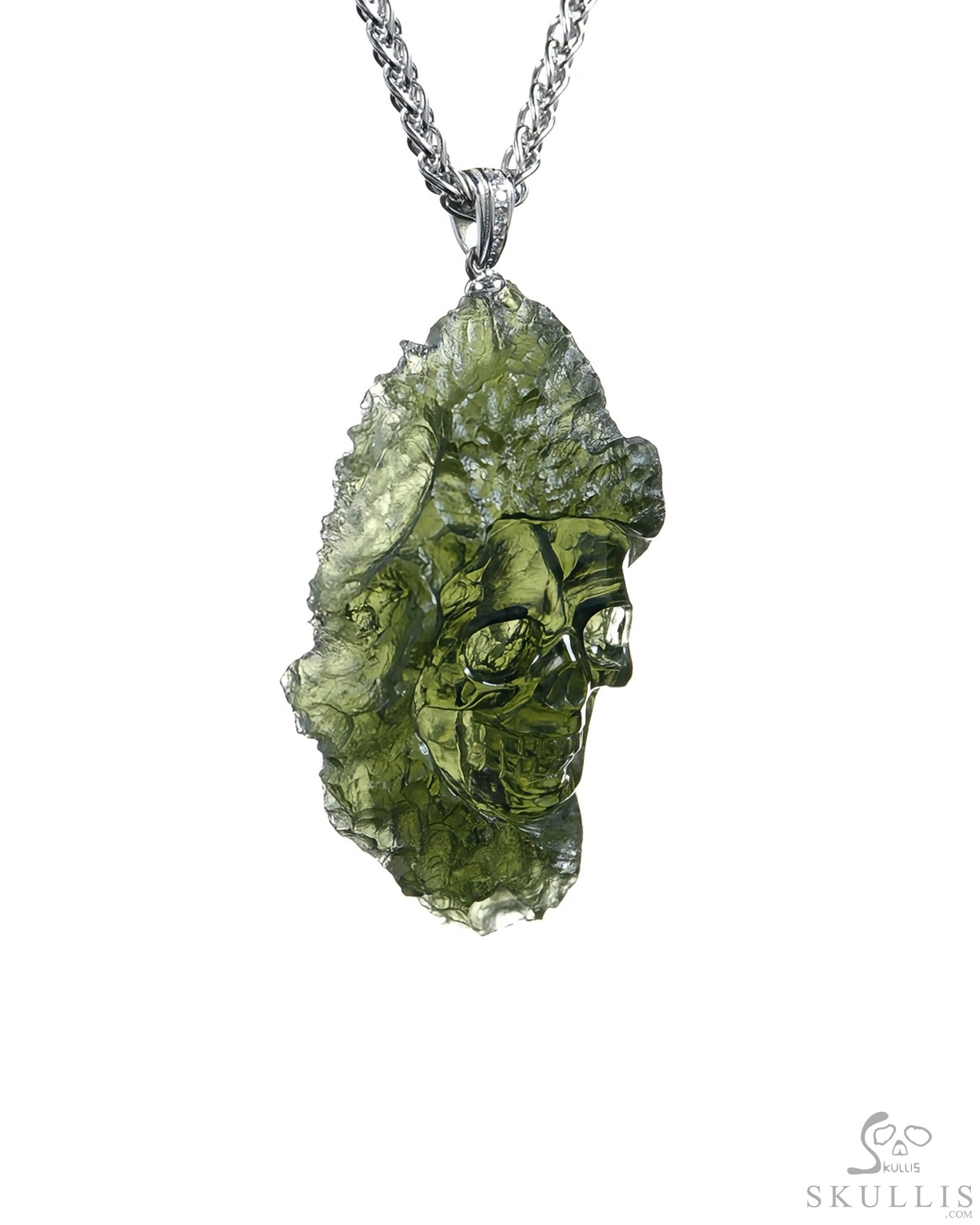 Necklace of 1.7" Moldavite Hand Carved Crystal Skull Pendant, Skull Jewelry Necklace of 1.7" Moldavite Hand Carved Crystal Skull Pendant, Skull Jewelry