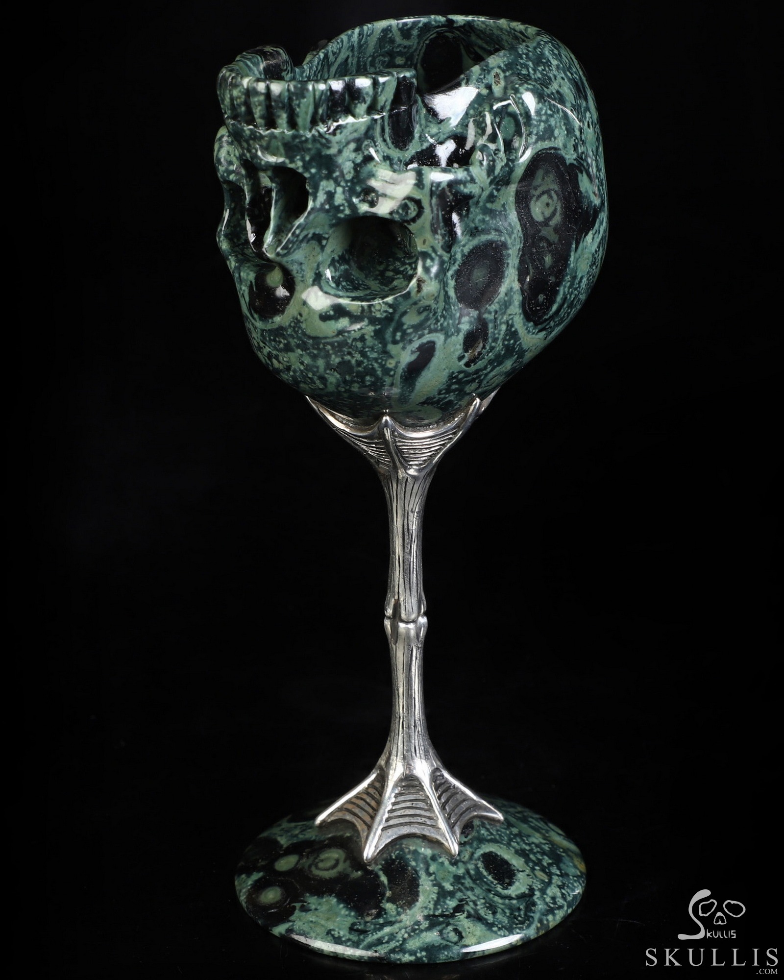 Echoes of Earth & Light - 5.6" Kambaba Jasper Crystal Hand Carved Crystal Skull Stemmed Cup in 925 Sterling Silver, Crystal Healing Echoes of Earth & Light - 5.6" Kambaba Jasper Crystal Hand Carved Crystal Skull Stemmed Cup in 925 Sterling Silver, Crystal Healing
