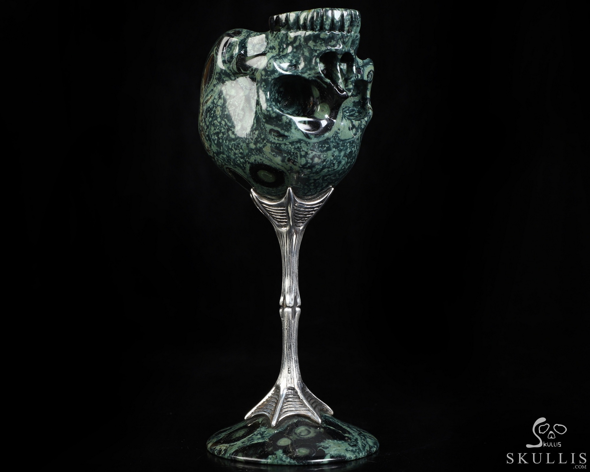 Echoes of Earth & Light - 5.6" Kambaba Jasper Crystal Hand Carved Crystal Skull Stemmed Cup in 925 Sterling Silver, Crystal Healing Echoes of Earth & Light - 5.6" Kambaba Jasper Crystal Hand Carved Crystal Skull Stemmed Cup in 925 Sterling Silver, Crystal Healing