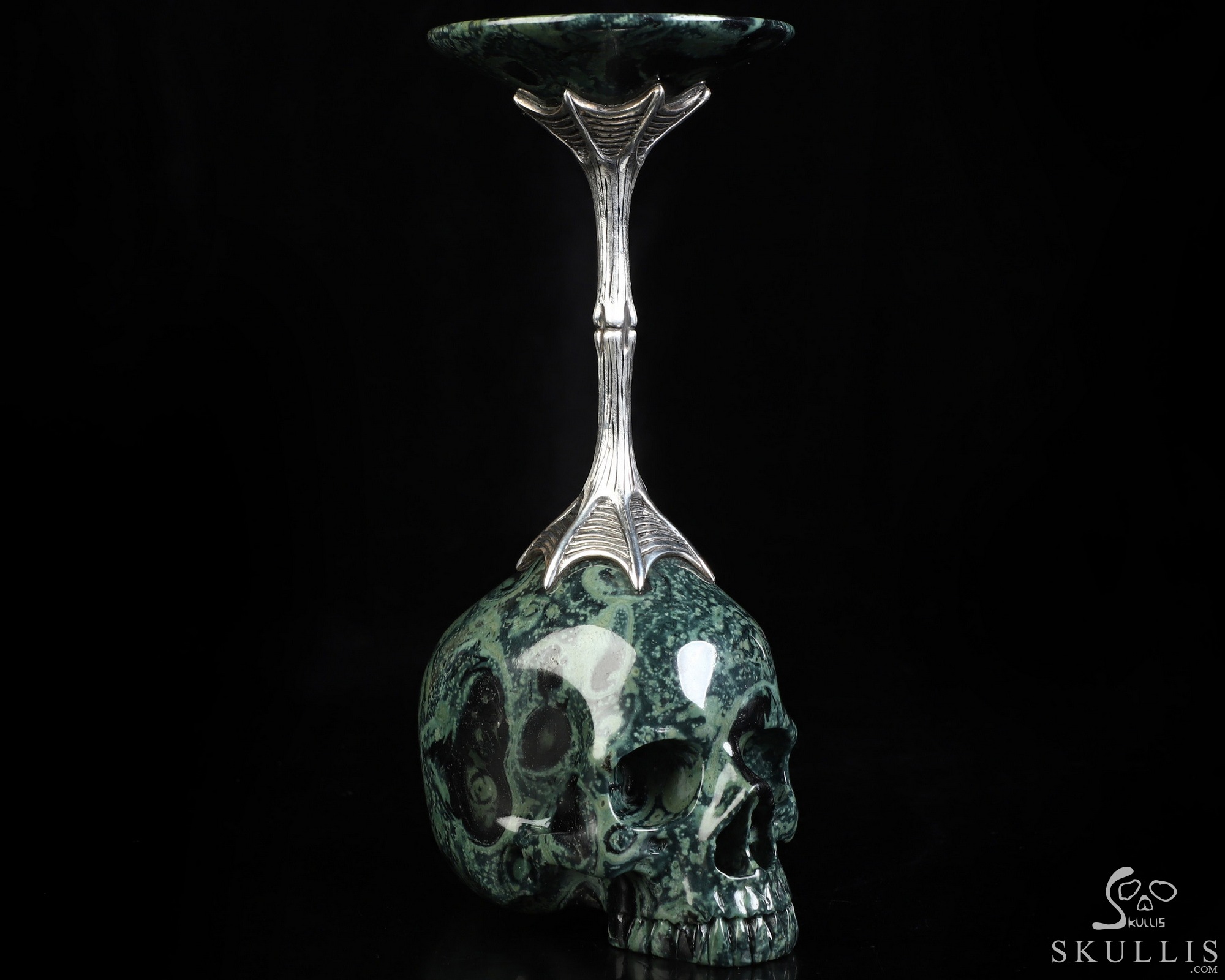 Echoes of Earth & Light - 5.6" Kambaba Jasper Crystal Hand Carved Crystal Skull Stemmed Cup in 925 Sterling Silver, Crystal Healing Echoes of Earth & Light - 5.6" Kambaba Jasper Crystal Hand Carved Crystal Skull Stemmed Cup in 925 Sterling Silver, Crystal Healing
