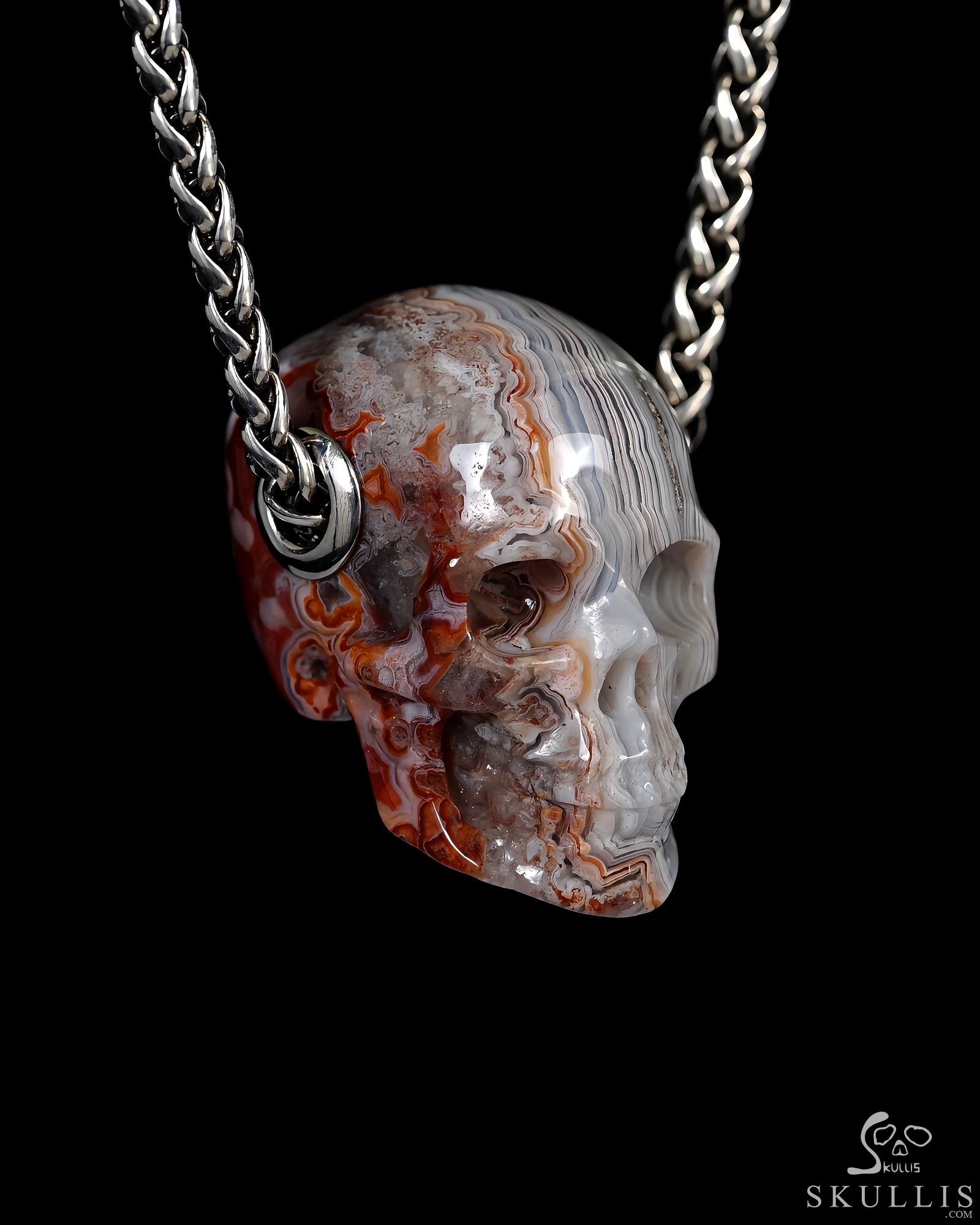 Gemstone Necklace of 1.2" Red Crazy Lace Agate Hand Carved Crystal Skull Pendant, Skull Jewelry Gemstone Necklace of 1.2" Red Crazy Lace Agate Hand Carved Crystal Skull Pendant, Skull Jewelry