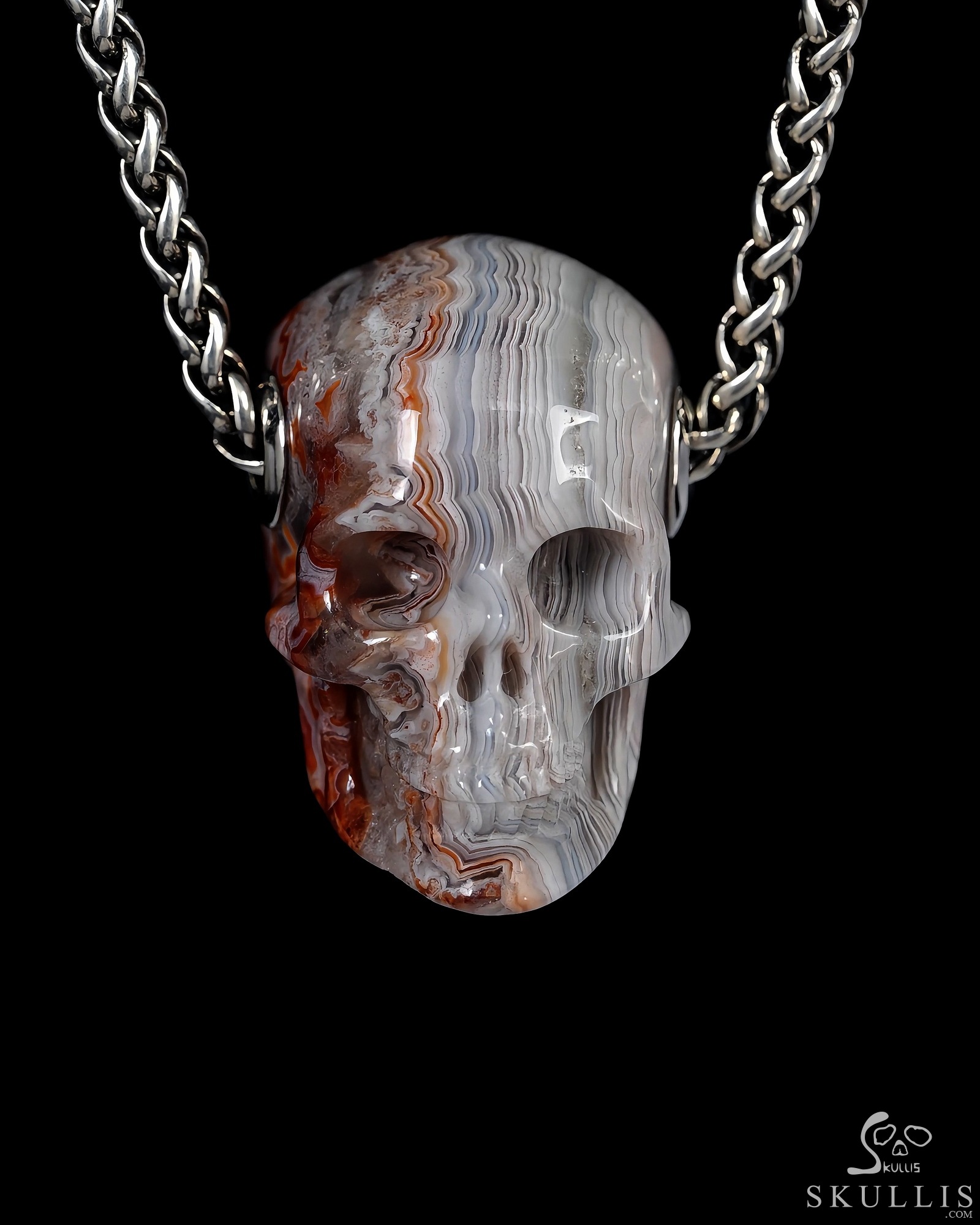 Gemstone Necklace of 1.2" Red Crazy Lace Agate Hand Carved Crystal Skull Pendant, Skull Jewelry Gemstone Necklace of 1.2" Red Crazy Lace Agate Hand Carved Crystal Skull Pendant, Skull Jewelry