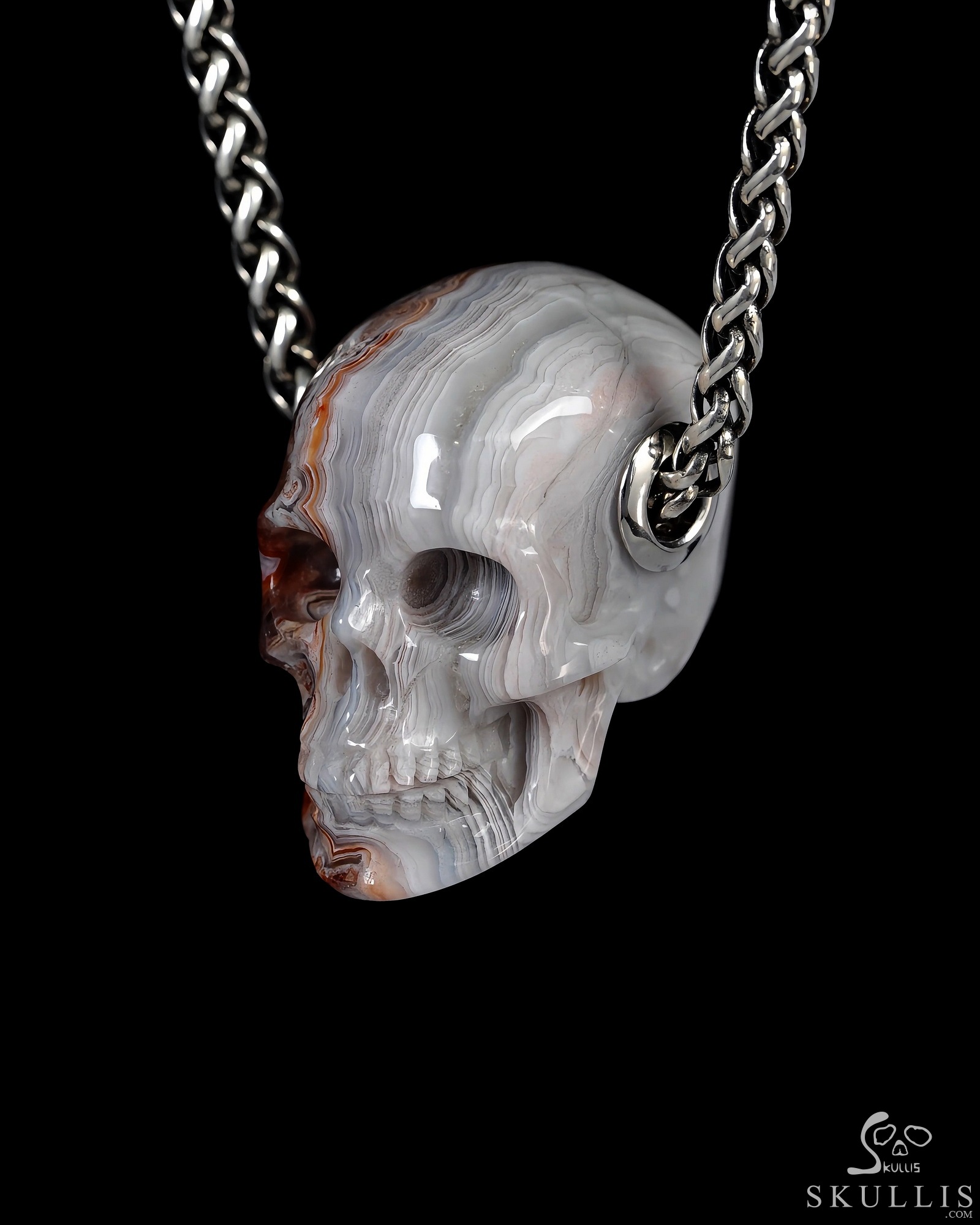 Gemstone Necklace of 1.2" Red Crazy Lace Agate Hand Carved Crystal Skull Pendant, Skull Jewelry Gemstone Necklace of 1.2" Red Crazy Lace Agate Hand Carved Crystal Skull Pendant, Skull Jewelry