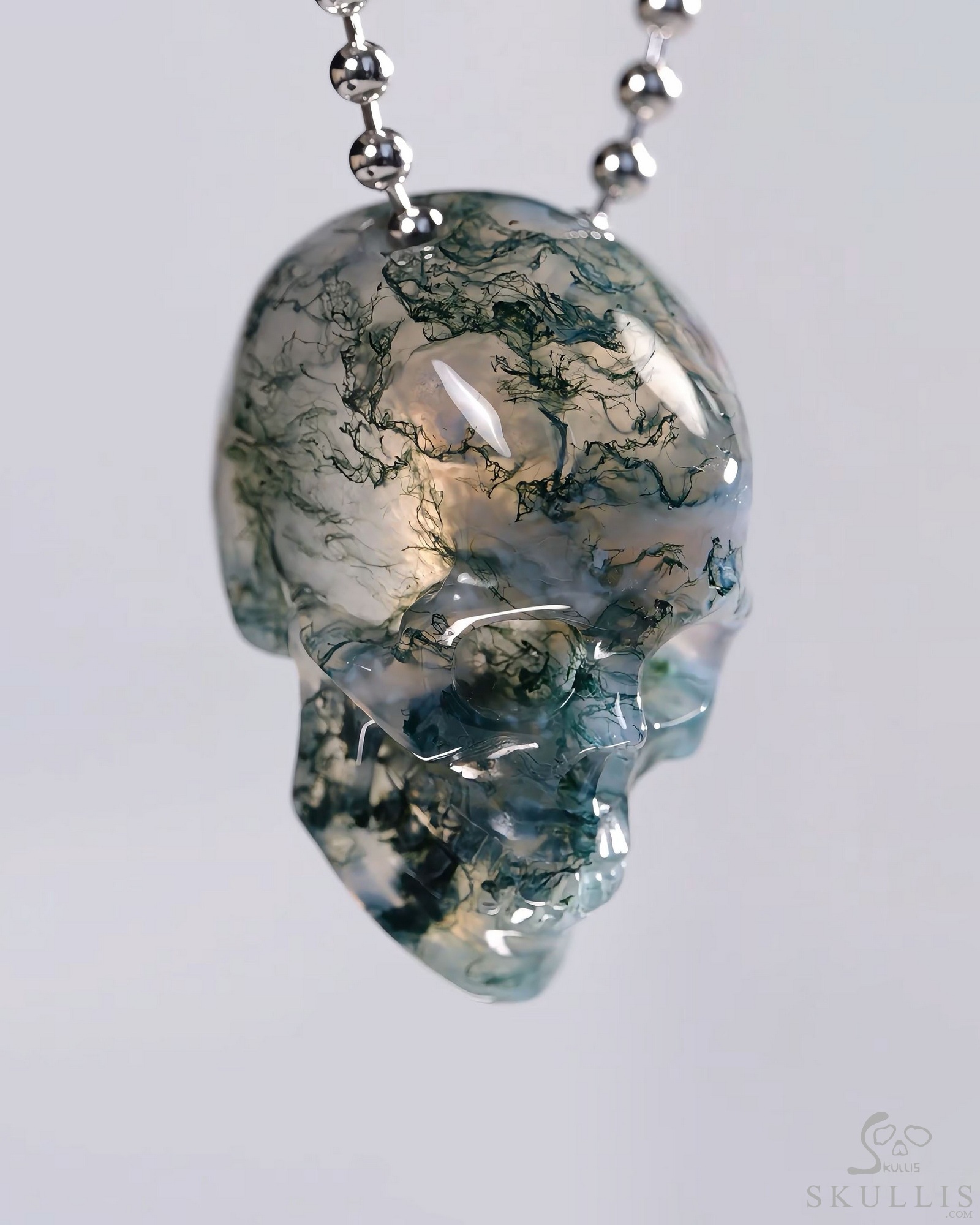Hollow Essence - 1.3" Green Moss Agate Hand Carved Hollow Crystal Skull Pendant, Skull Jewelry Hollow Essence - 1.3" Green Moss Agate Hand Carved Hollow Crystal Skull Pendant, Skull Jewelry