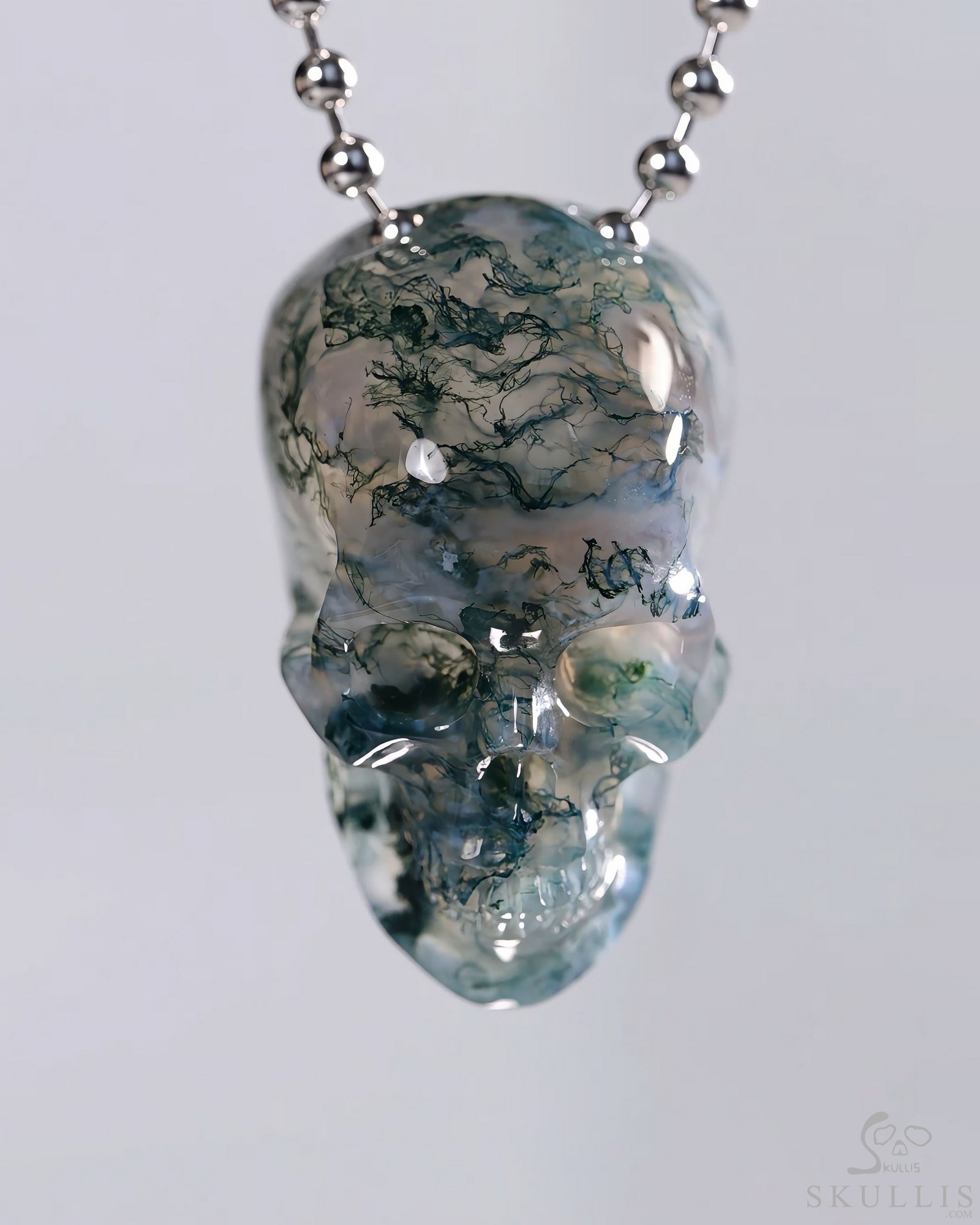 Hollow Essence - 1.3" Green Moss Agate Hand Carved Hollow Crystal Skull Pendant, Skull Jewelry Hollow Essence - 1.3" Green Moss Agate Hand Carved Hollow Crystal Skull Pendant, Skull Jewelry