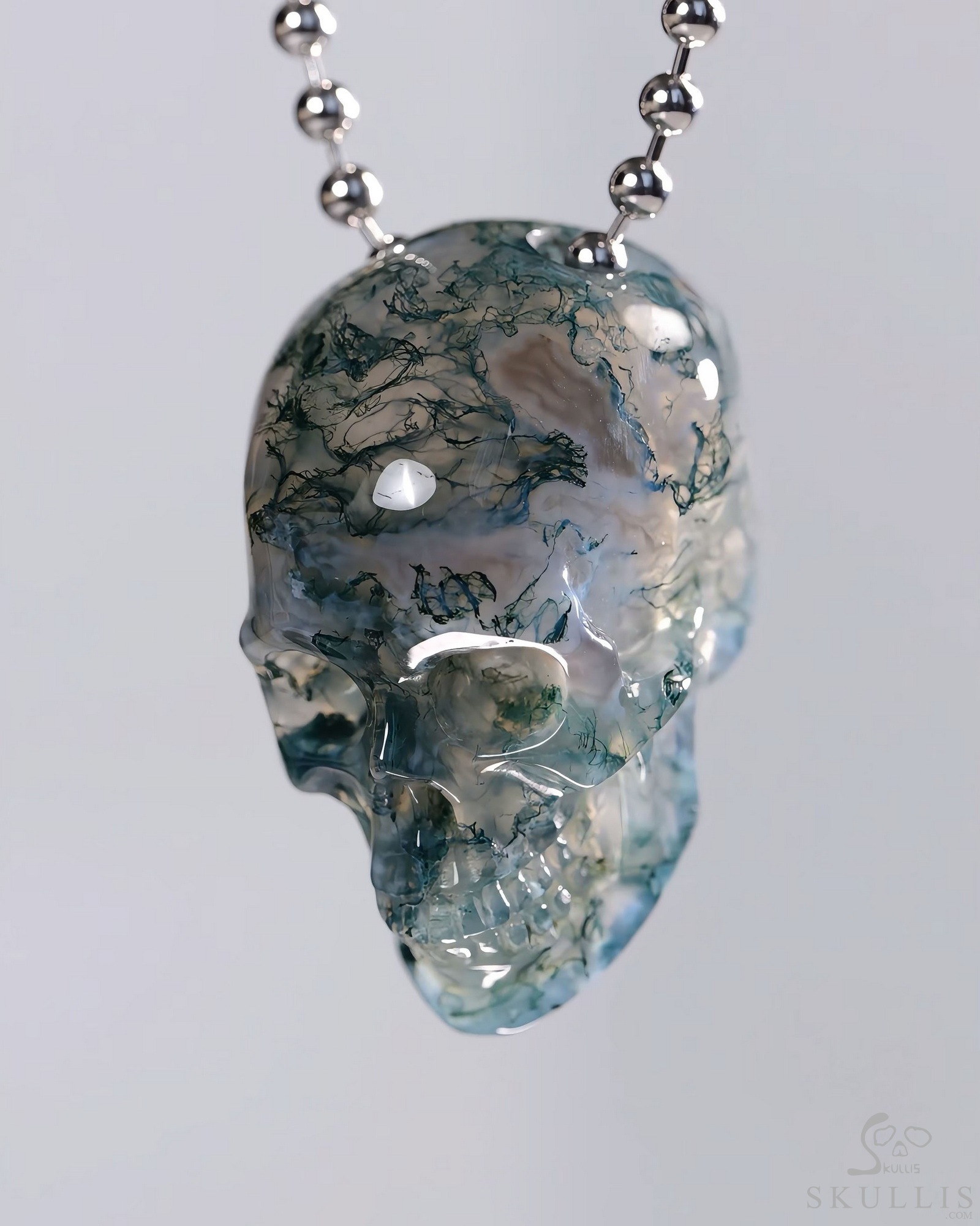 Hollow Essence - 1.3" Green Moss Agate Hand Carved Hollow Crystal Skull Pendant, Skull Jewelry Hollow Essence - 1.3" Green Moss Agate Hand Carved Hollow Crystal Skull Pendant, Skull Jewelry