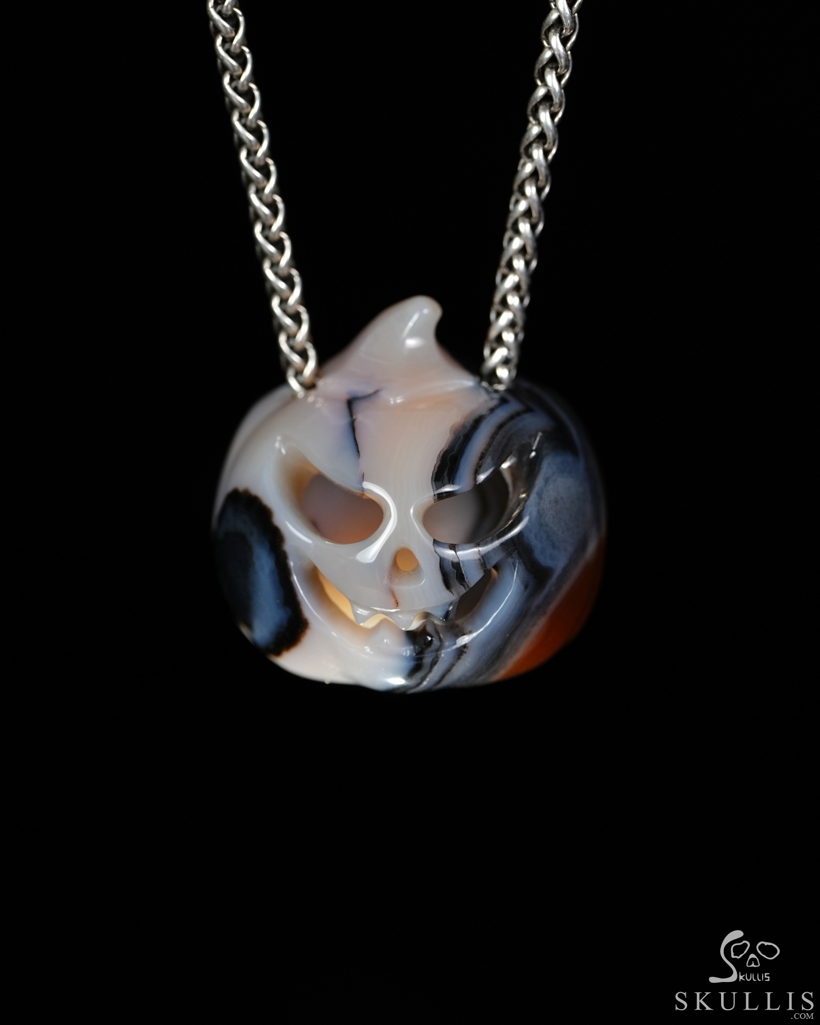 Hollow Essence - 1.4" Agate Hand Carved Crystal Pumpkin Skull Pendant, Crystal Healing Skull Jewelry, for Women & Men Hollow Essence - 1.4" Agate Hand Carved Crystal Pumpkin Skull Pendant, Crystal Healing Skull Jewelry, for Women & Men