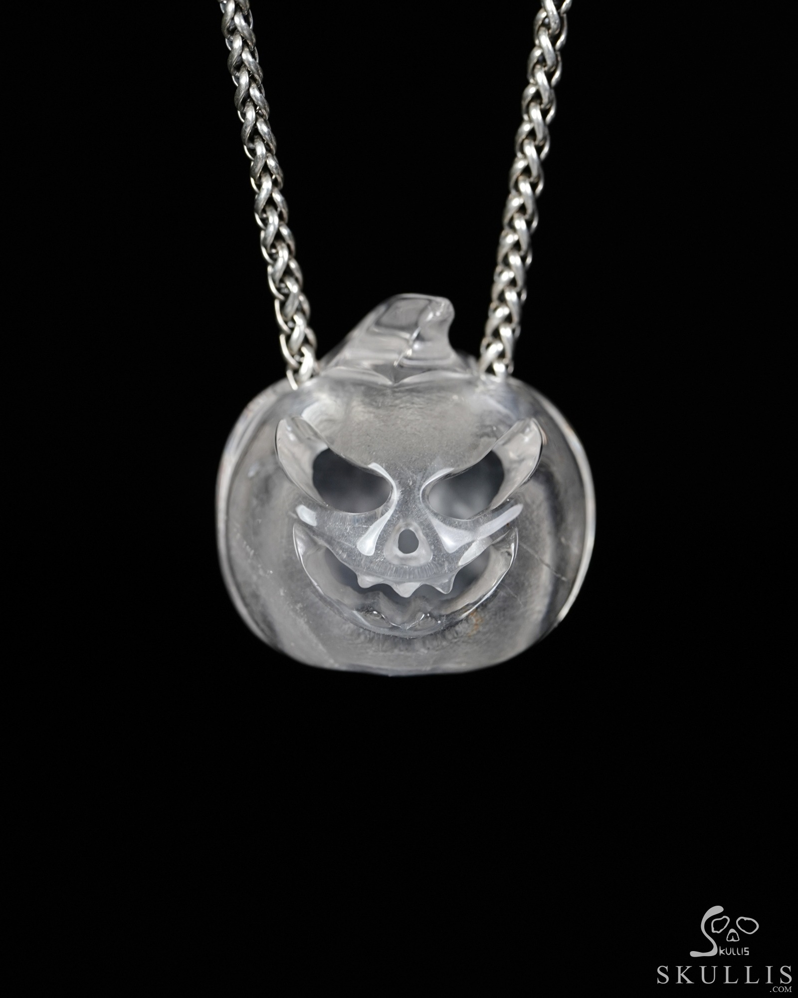 Hollow Essence - 1.4" Quartz Rock Crystal Hand Carved Crystal Pumpkin Skull Pendant, Crystal Healing Skull Jewelry, for Women & Men Hollow Essence - 1.4" Quartz Rock Crystal Hand Carved Crystal Pumpkin Skull Pendant, Crystal Healing Skull Jewelry, for Women & Men