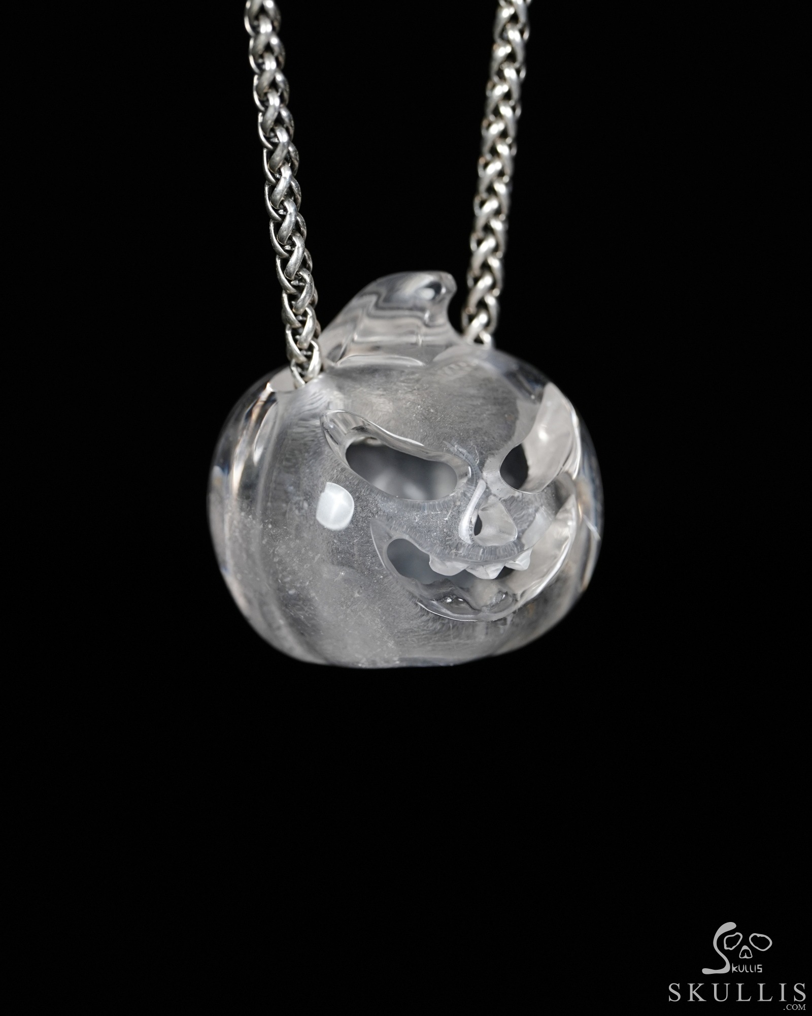 Hollow Essence - 1.4" Quartz Rock Crystal Hand Carved Crystal Pumpkin Skull Pendant, Crystal Healing Skull Jewelry, for Women & Men Hollow Essence - 1.4" Quartz Rock Crystal Hand Carved Crystal Pumpkin Skull Pendant, Crystal Healing Skull Jewelry, for Women & Men