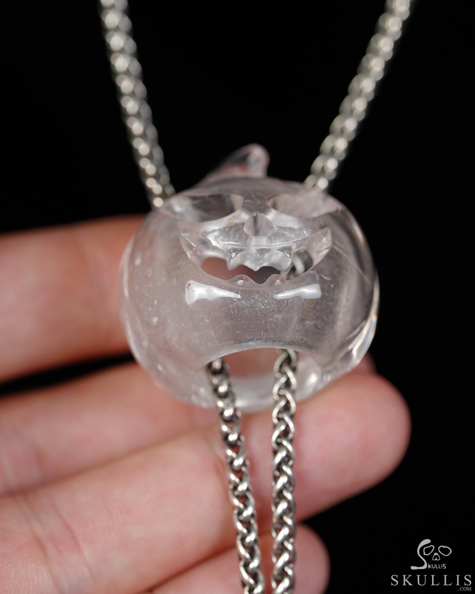 Hollow Essence - 1.4" Quartz Rock Crystal Hand Carved Crystal Pumpkin Skull Pendant, Crystal Healing Skull Jewelry, for Women & Men Hollow Essence - 1.4" Quartz Rock Crystal Hand Carved Crystal Pumpkin Skull Pendant, Crystal Healing Skull Jewelry, for Women & Men
