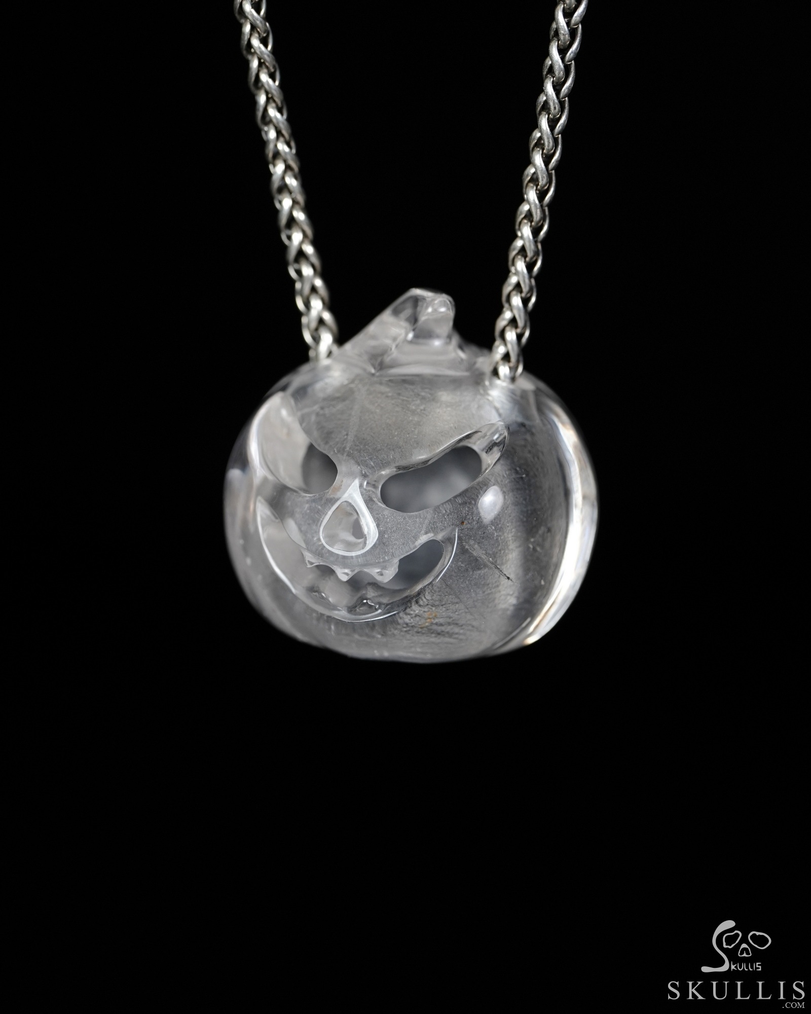 Hollow Essence - 1.4" Quartz Rock Crystal Hand Carved Crystal Pumpkin Skull Pendant, Crystal Healing Skull Jewelry, for Women & Men Hollow Essence - 1.4" Quartz Rock Crystal Hand Carved Crystal Pumpkin Skull Pendant, Crystal Healing Skull Jewelry, for Women & Men