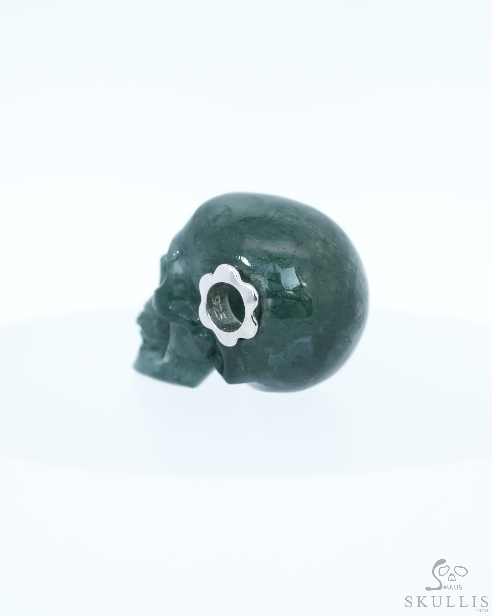 Necklace of 0.7" Green Moss Agate Hand Carved Crystal Skull Pendant, Skull Jewelry Necklace of 0.7" Green Moss Agate Hand Carved Crystal Skull Pendant, Skull Jewelry