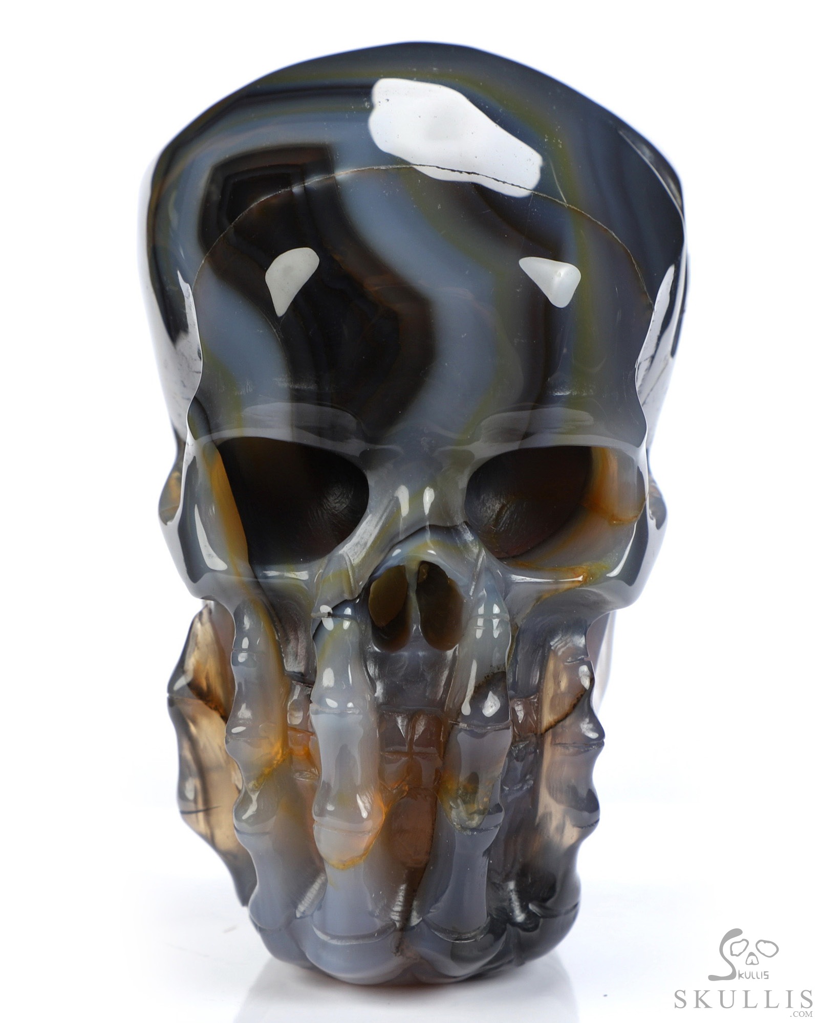 The Thinker---4.1" Premium Brazilian Agate Hand Carved Crystal Skull & Skeletal Hand Sculpture, Crystal Healing The Thinker---4.1" Premium Brazilian Agate Hand Carved Crystal Skull & Skeletal Hand Sculpture, Crystal Healing