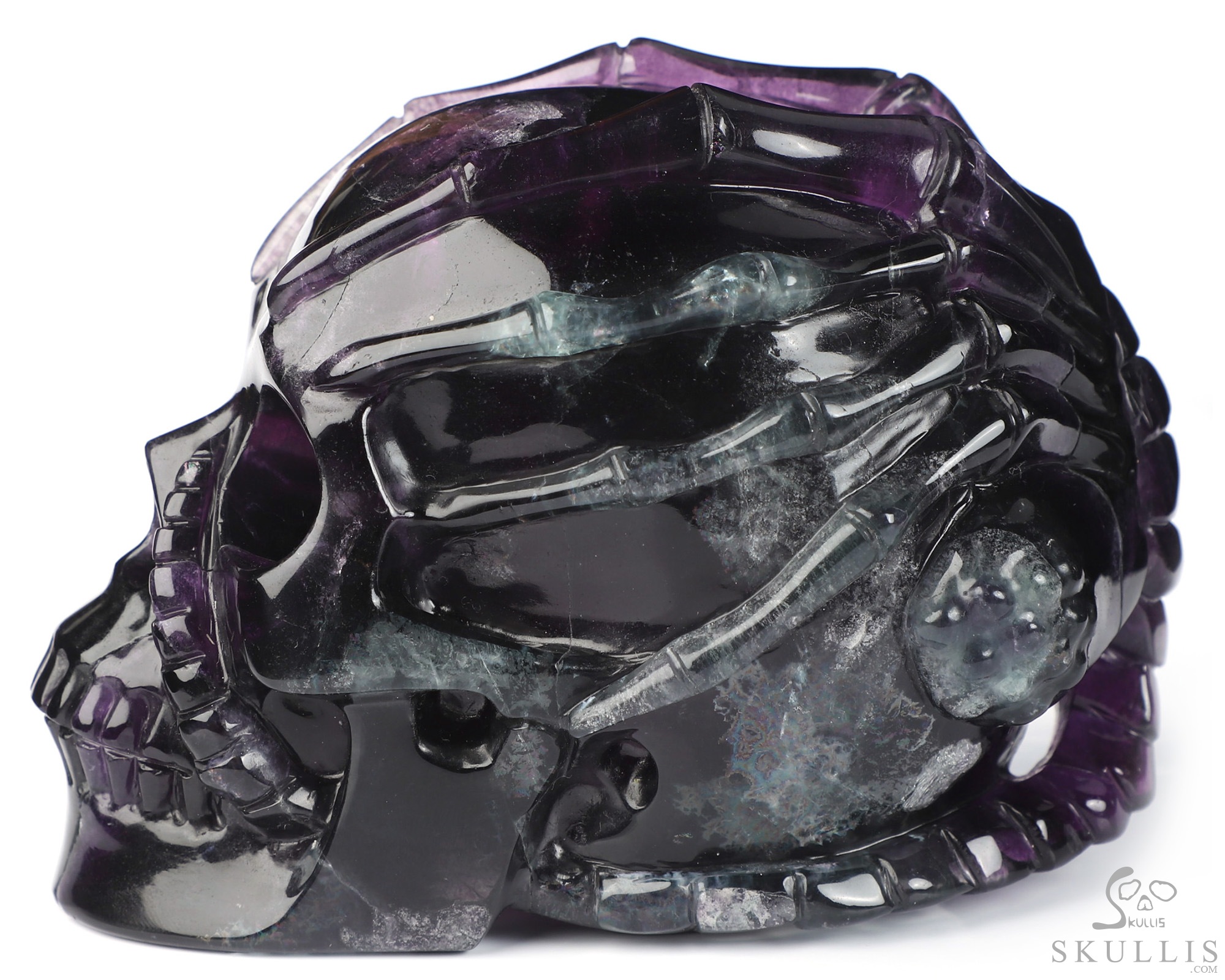 5.0" Fluorite Hand Carved Hollow Crystal Skull and Facehugger Sculpture Lamp/Light with Led Stand, Crystal Healing 5.0" Fluorite Hand Carved Hollow Crystal Skull and Facehugger Sculpture Lamp/Light with Led Stand, Crystal Healing