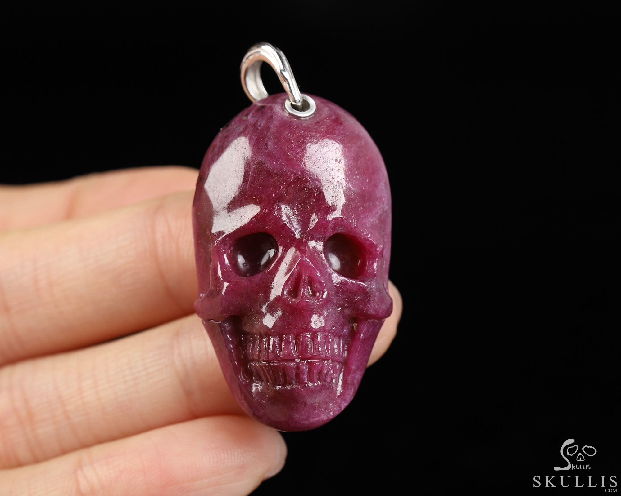 Necklace of 1.5" Ruby Hand Carved Crystal Skull Pendant, Skull Jewelry Necklace of 1.5" Ruby Hand Carved Crystal Skull Pendant, Skull Jewelry