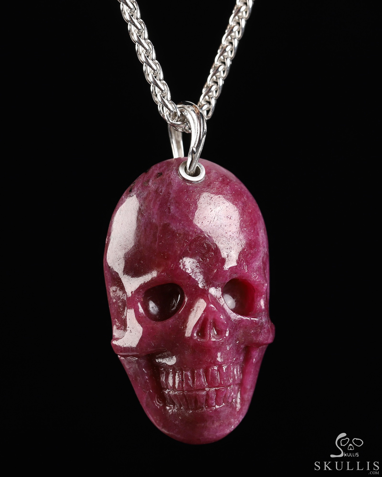 Necklace of 1.5" Ruby Hand Carved Crystal Skull Pendant, Skull Jewelry Necklace of 1.5" Ruby Hand Carved Crystal Skull Pendant, Skull Jewelry