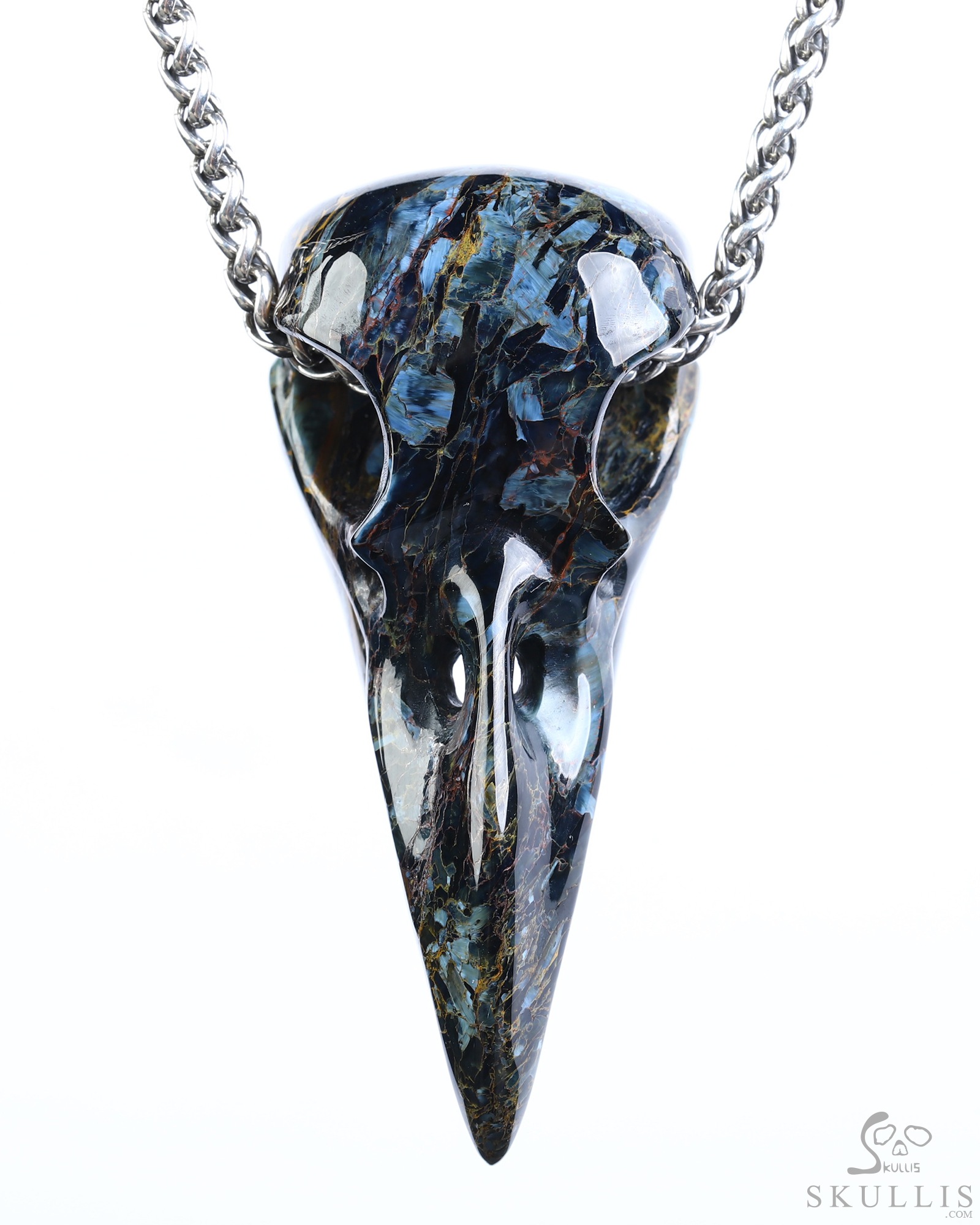 Night Pathfinder - 2.3" Pietersite Hand Carved Crystal Raven Skull Pendant, Crystal Healing Skull Jewelry, for Women & Men Night Pathfinder - 2.3" Pietersite Hand Carved Crystal Raven Skull Pendant, Crystal Healing Skull Jewelry, for Women & Men