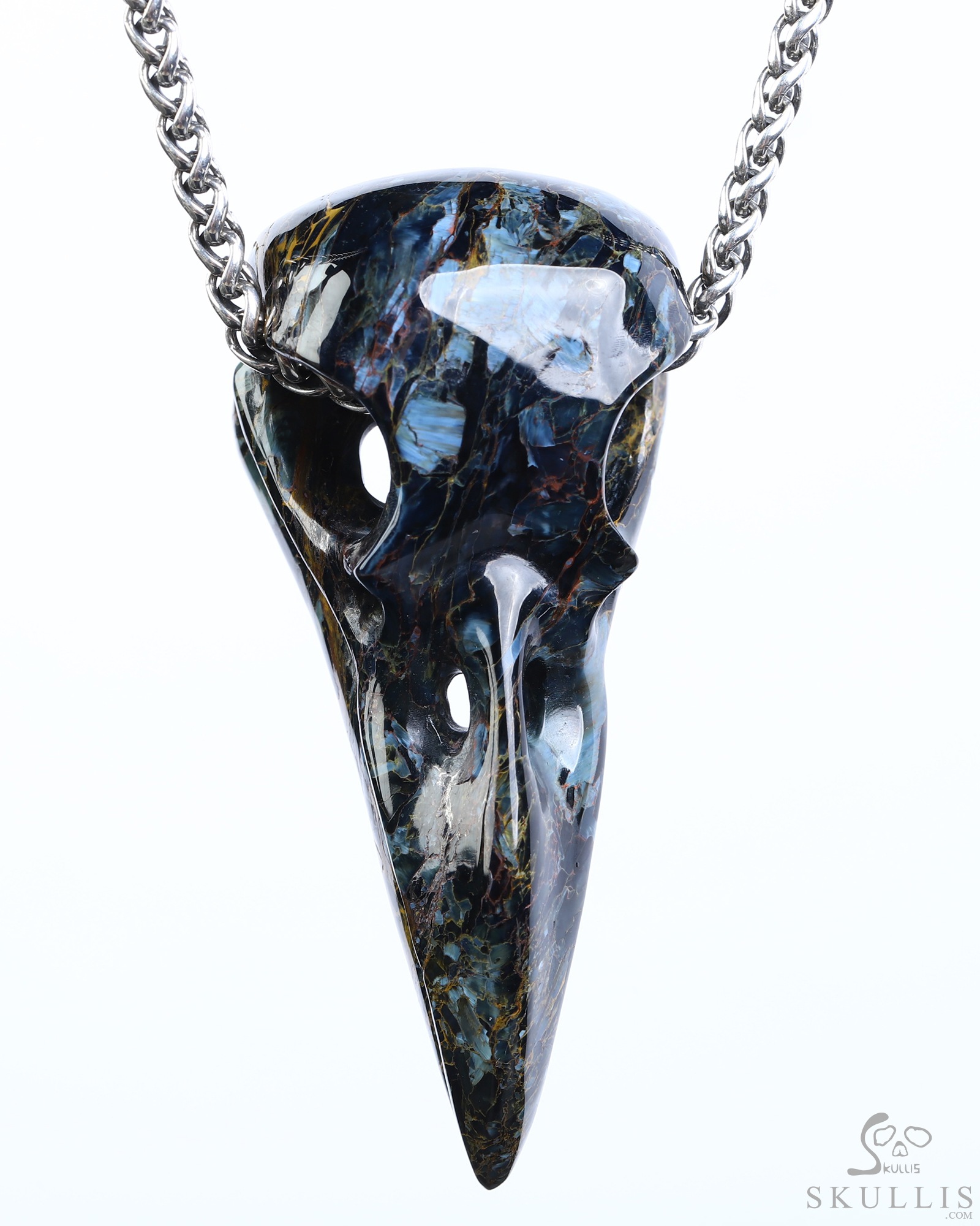 Night Pathfinder - 2.3" Pietersite Hand Carved Crystal Raven Skull Pendant, Crystal Healing Skull Jewelry, for Women & Men Night Pathfinder - 2.3" Pietersite Hand Carved Crystal Raven Skull Pendant, Crystal Healing Skull Jewelry, for Women & Men