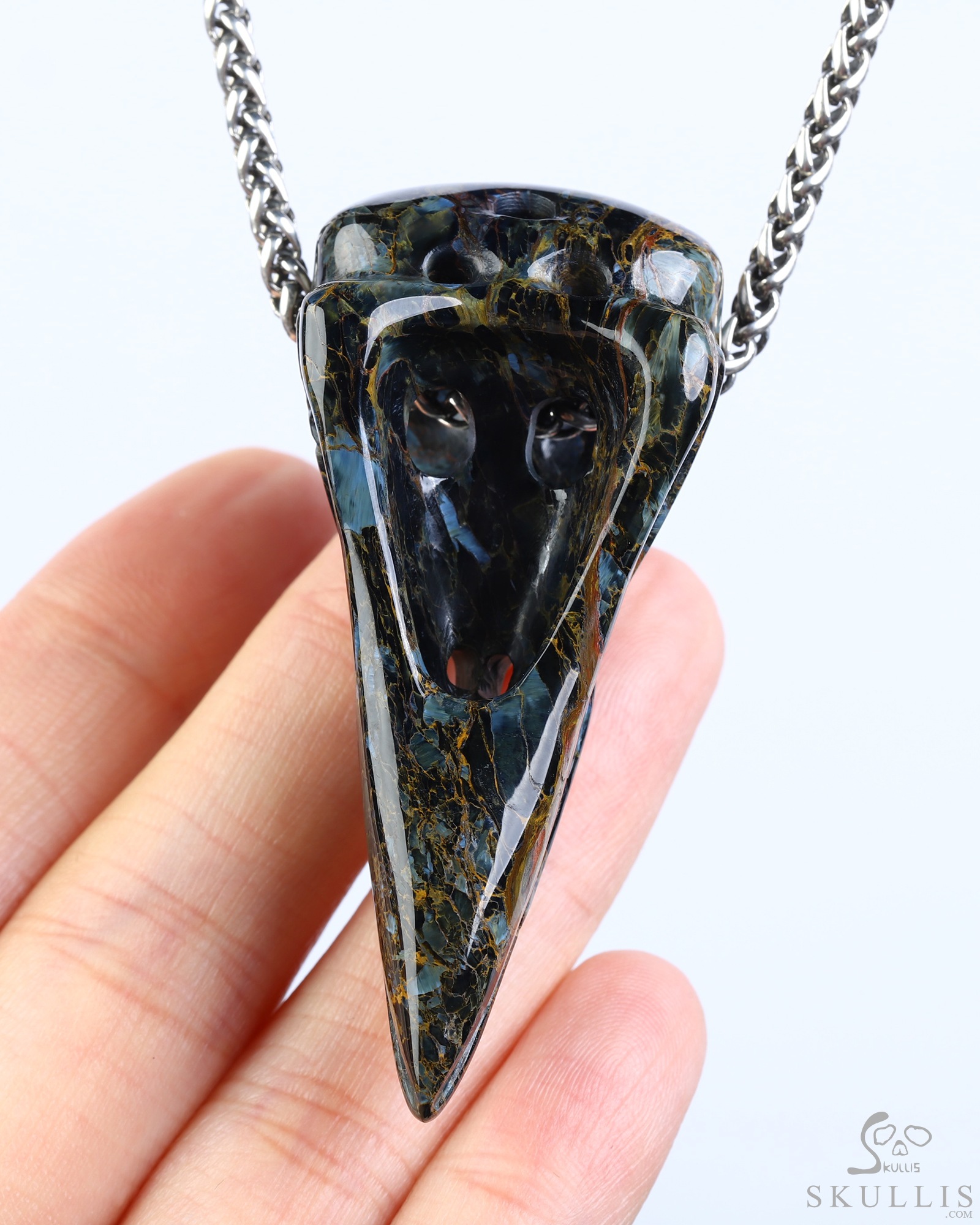 Night Pathfinder - 2.3" Pietersite Hand Carved Crystal Raven Skull Pendant, Crystal Healing Skull Jewelry, for Women & Men Night Pathfinder - 2.3" Pietersite Hand Carved Crystal Raven Skull Pendant, Crystal Healing Skull Jewelry, for Women & Men