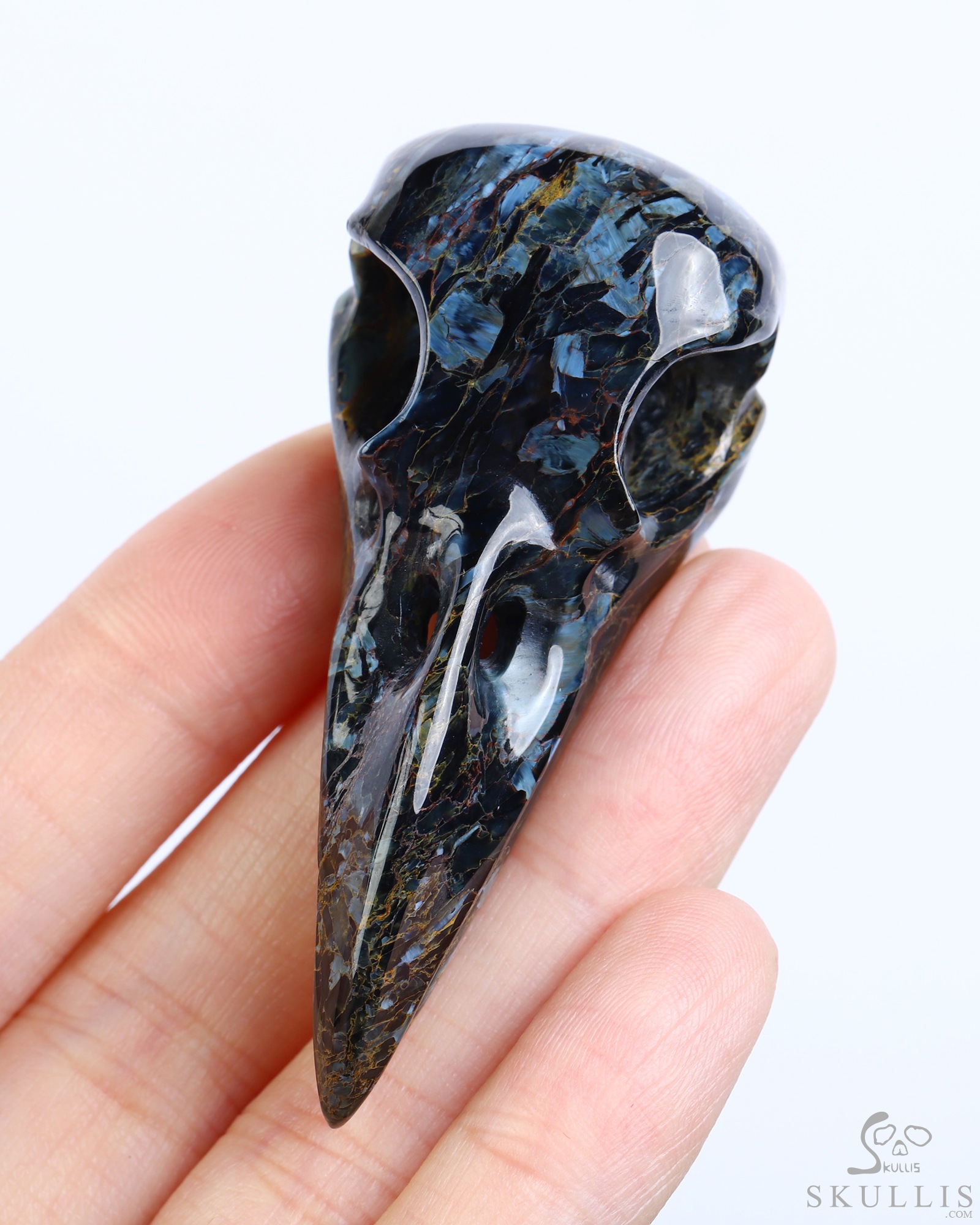 Night Pathfinder - 2.3" Pietersite Hand Carved Crystal Raven Skull Pendant, Crystal Healing Skull Jewelry, for Women & Men Night Pathfinder - 2.3" Pietersite Hand Carved Crystal Raven Skull Pendant, Crystal Healing Skull Jewelry, for Women & Men