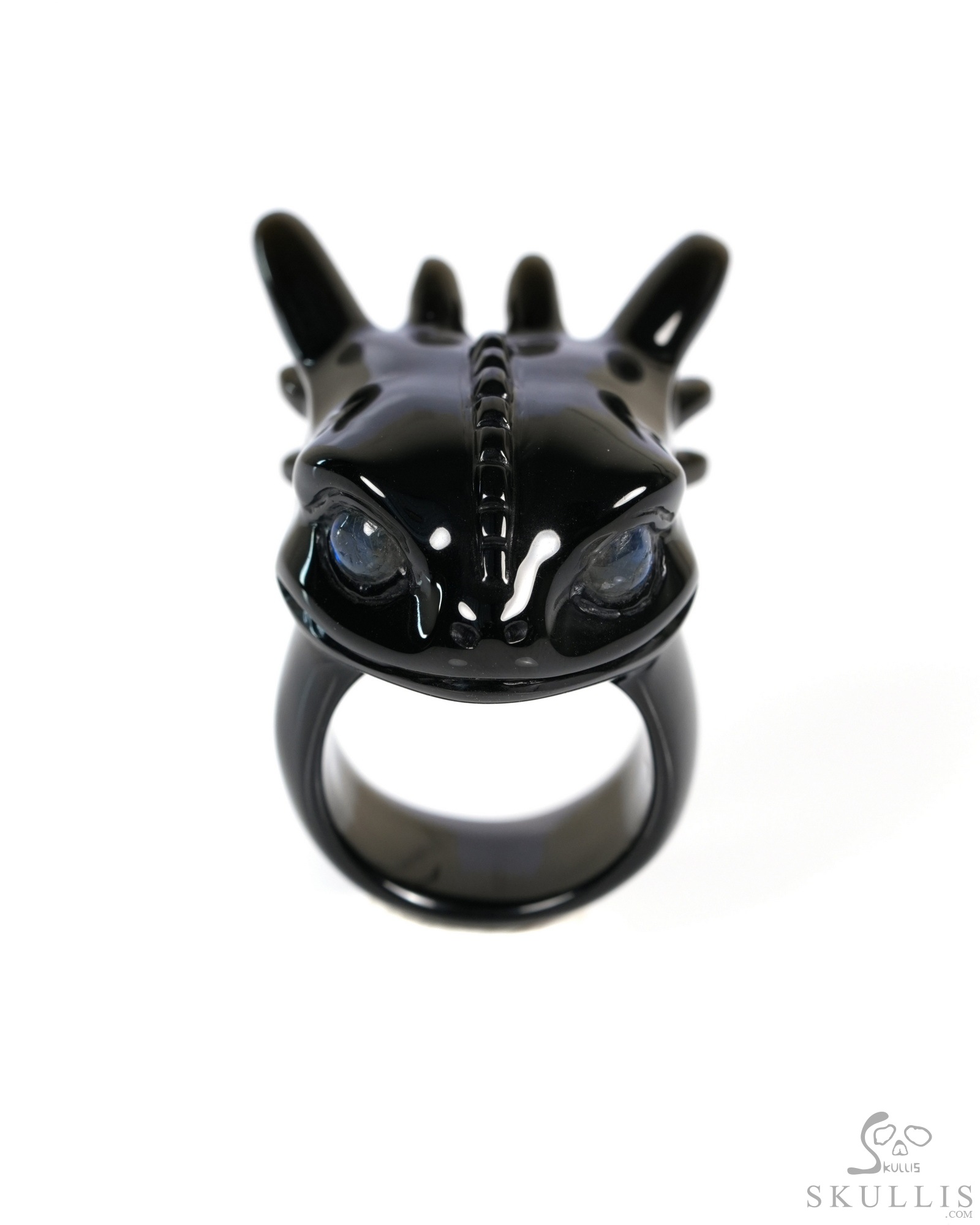 Skullis Black Obsidian Carved Toothless Dragon with Labradorite eyes, US size 10, Skull Jewelry Skullis Black Obsidian Carved Toothless Dragon with Labradorite eyes, US size 10, Skull Jewelry