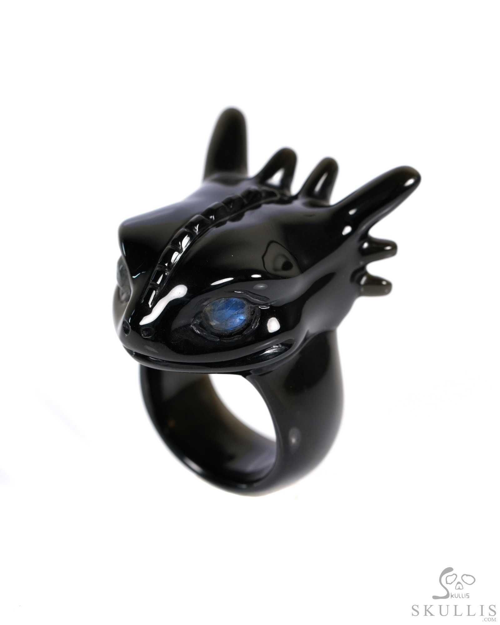 Skullis Black Obsidian Carved Toothless Dragon with Labradorite eyes, US size 10, Skull Jewelry Skullis Black Obsidian Carved Toothless Dragon with Labradorite eyes, US size 10, Skull Jewelry