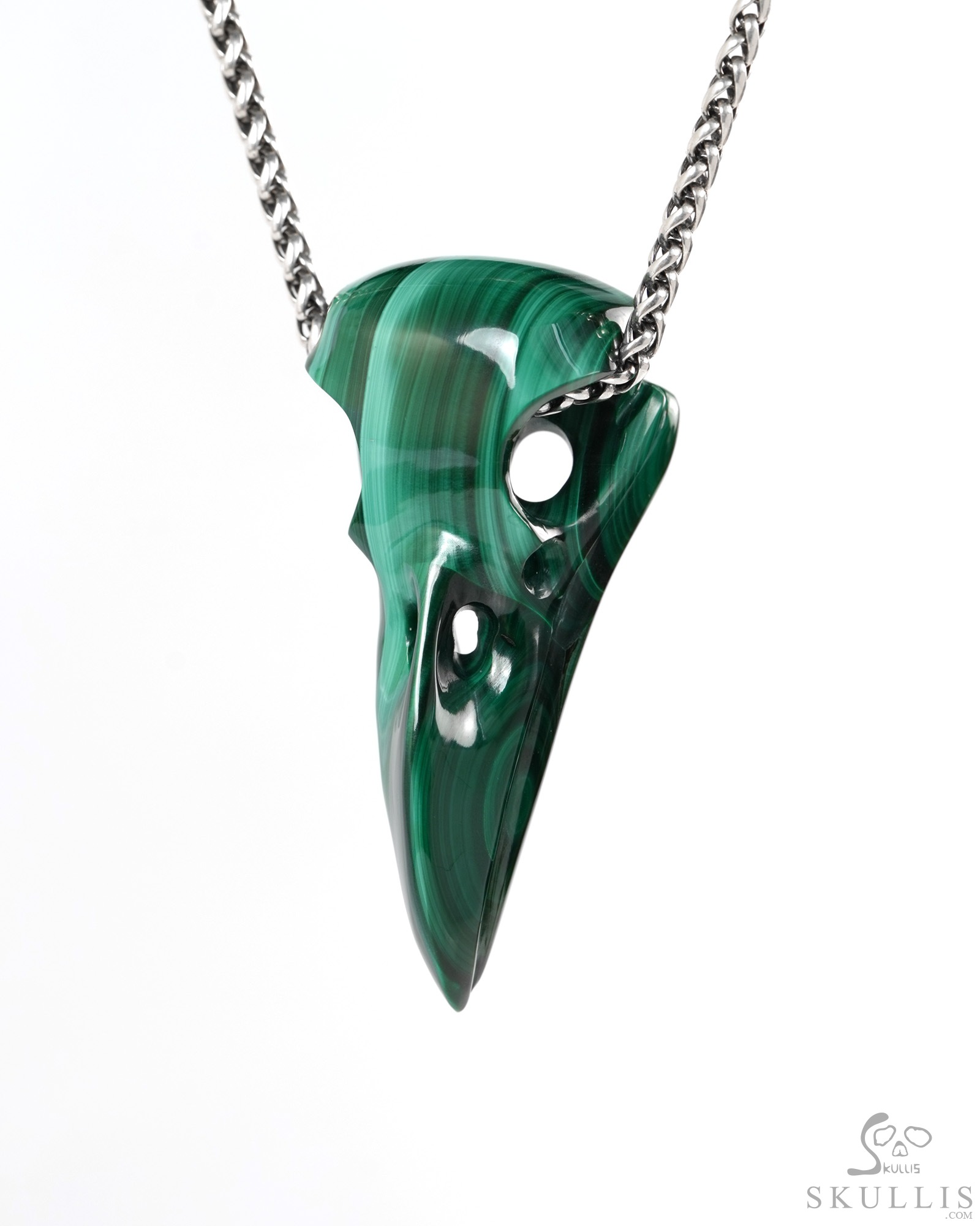Night Pathfinder - 2.3" Malachite Hand Carved Crystal Raven Skull Pendant, Crystal Healing Skull Jewelry, for Women & Men Night Pathfinder - 2.3" Malachite Hand Carved Crystal Raven Skull Pendant, Crystal Healing Skull Jewelry, for Women & Men