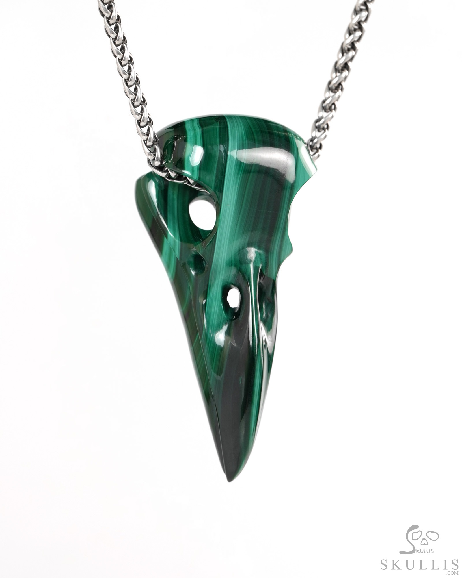 Night Pathfinder - 2.3" Malachite Hand Carved Crystal Raven Skull Pendant, Crystal Healing Skull Jewelry, for Women & Men Night Pathfinder - 2.3" Malachite Hand Carved Crystal Raven Skull Pendant, Crystal Healing Skull Jewelry, for Women & Men