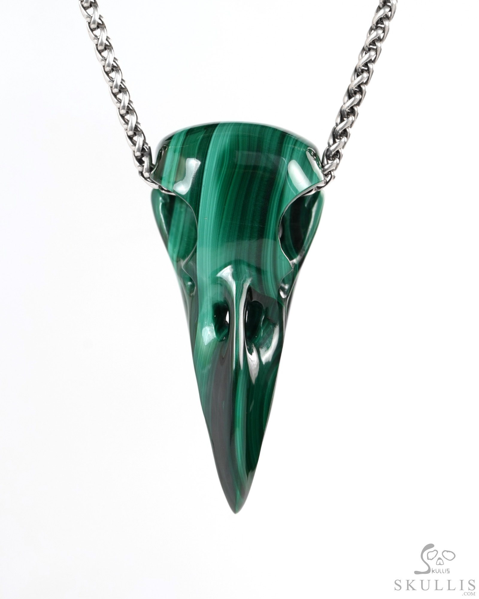 Night Pathfinder - 2.3" Malachite Hand Carved Crystal Raven Skull Pendant, Crystal Healing Skull Jewelry, for Women & Men Night Pathfinder - 2.3" Malachite Hand Carved Crystal Raven Skull Pendant, Crystal Healing Skull Jewelry, for Women & Men