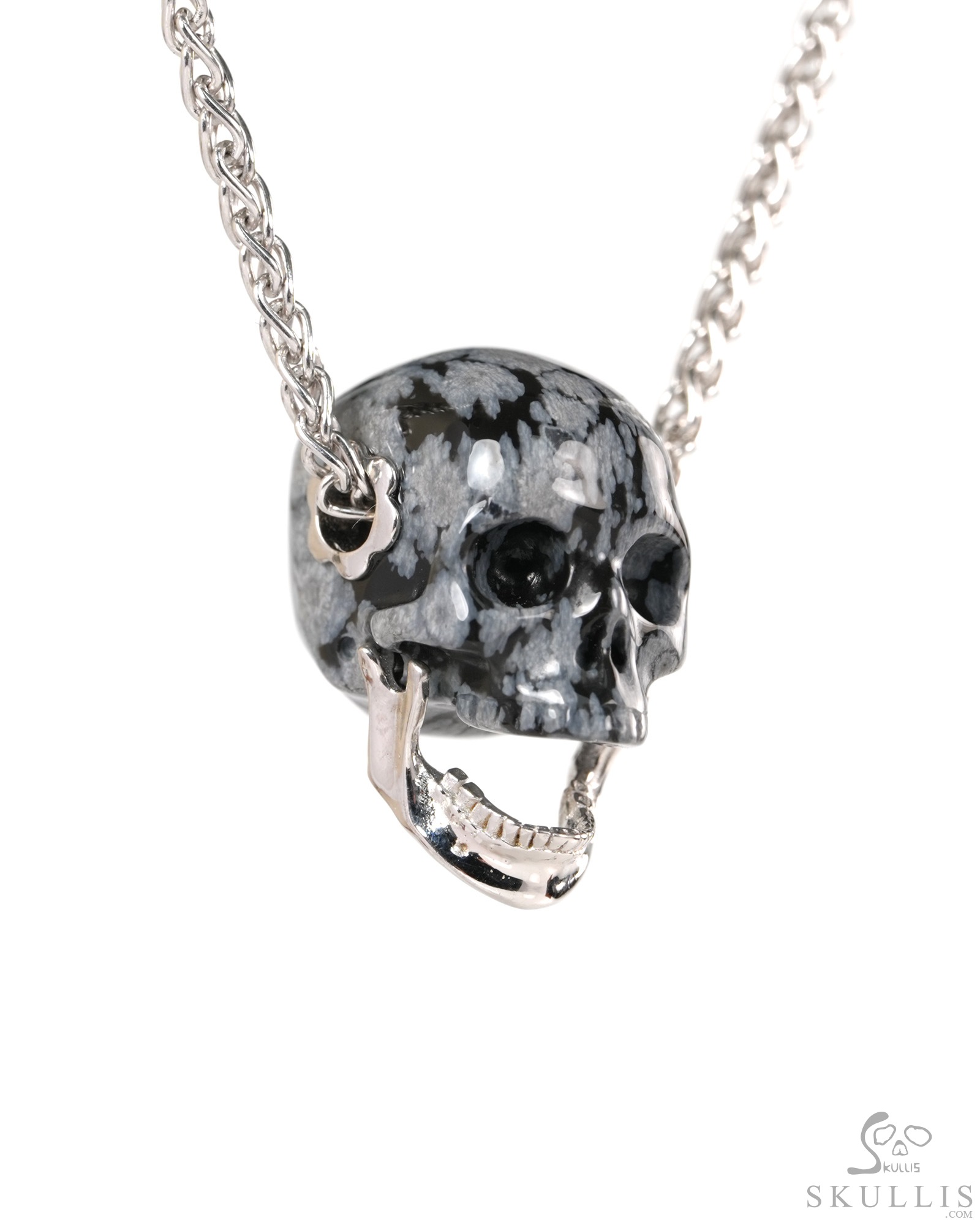 Necklace of 0.9" Snowflake Obsidian Hand Carved Crystal Skull Pendant, Crystal Healing Skull Jewelry, for Women & Men Necklace of 0.9" Snowflake Obsidian Hand Carved Crystal Skull Pendant, Crystal Healing Skull Jewelry, for Women & Men