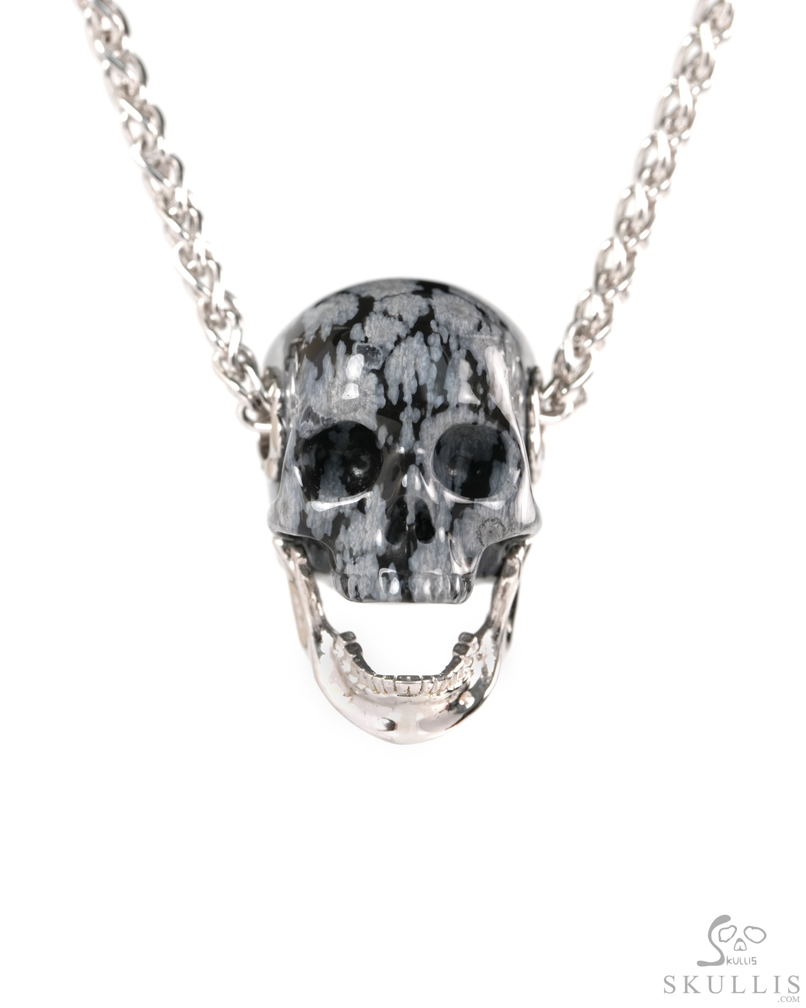 Necklace of 0.9" Snowflake Obsidian Hand Carved Crystal Skull Pendant, Crystal Healing Skull Jewelry, for Women & Men Necklace of 0.9" Snowflake Obsidian Hand Carved Crystal Skull Pendant, Crystal Healing Skull Jewelry, for Women & Men