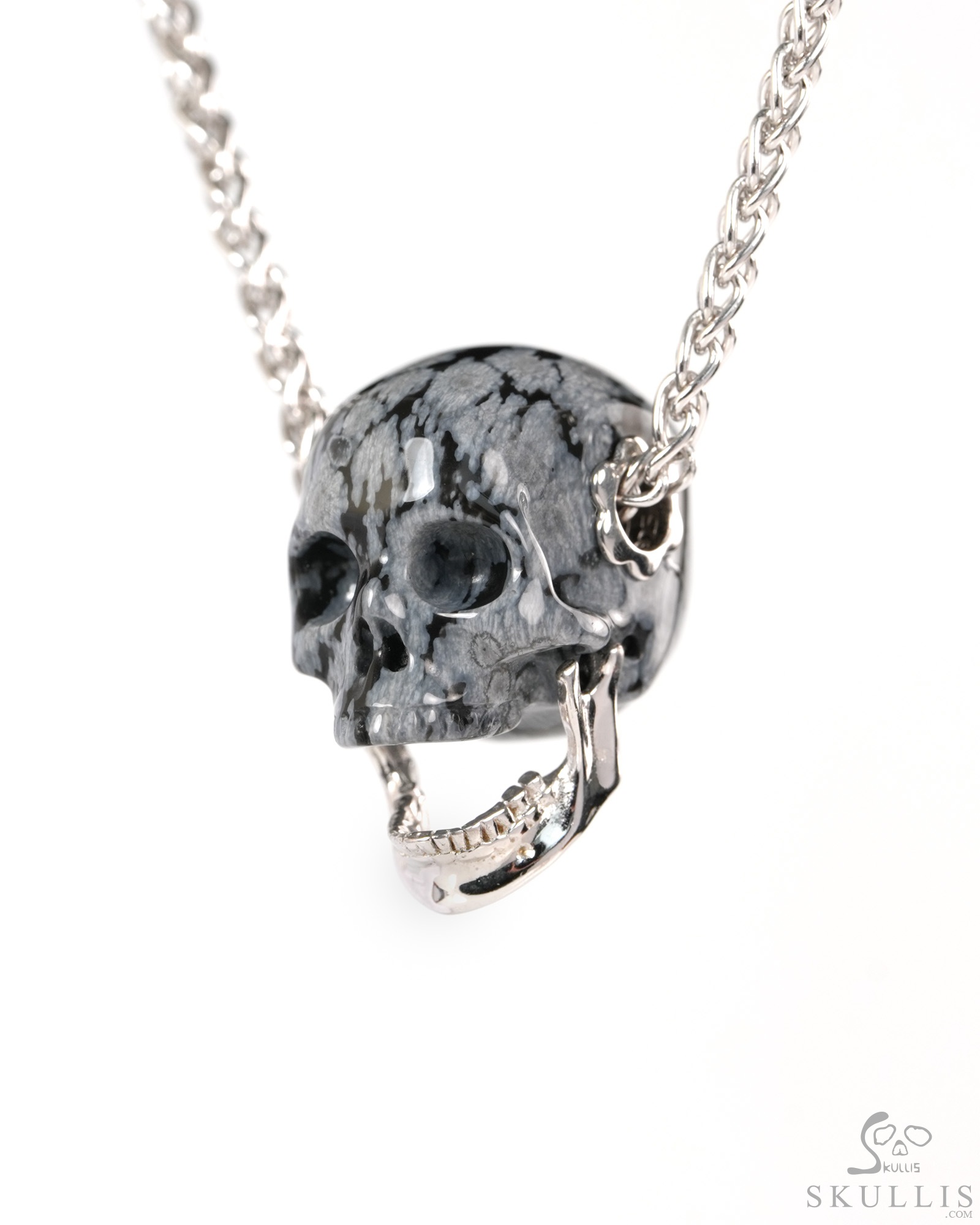 Necklace of 0.9" Snowflake Obsidian Hand Carved Crystal Skull Pendant, Crystal Healing Skull Jewelry, for Women & Men Necklace of 0.9" Snowflake Obsidian Hand Carved Crystal Skull Pendant, Crystal Healing Skull Jewelry, for Women & Men