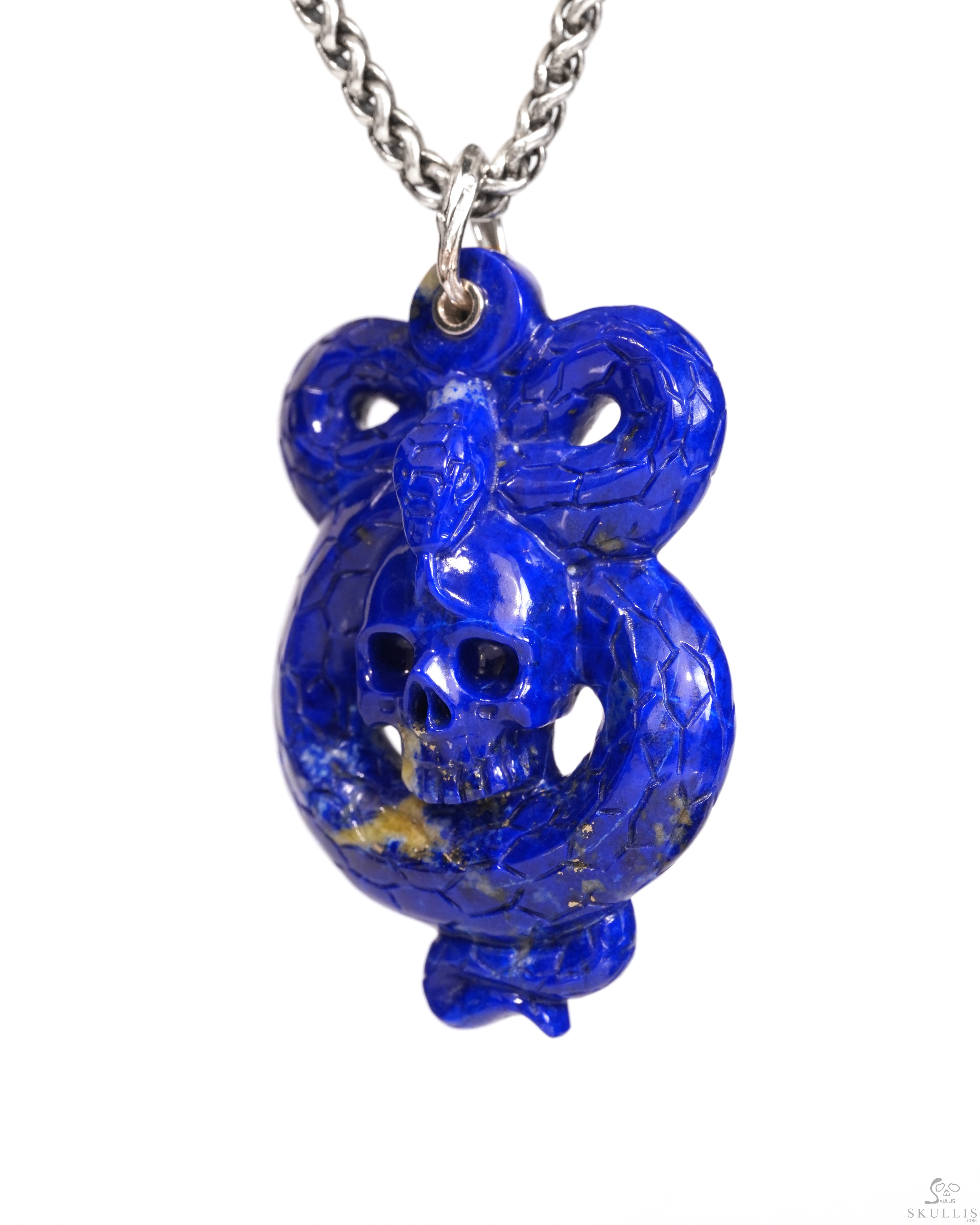 Gemstone Necklace of 1.9" Lapis Lazuli Hand Carved Crystal Skull and Snake Pendant, Skull Jewelry Gemstone Necklace of 1.9" Lapis Lazuli Hand Carved Crystal Skull and Snake Pendant, Skull Jewelry