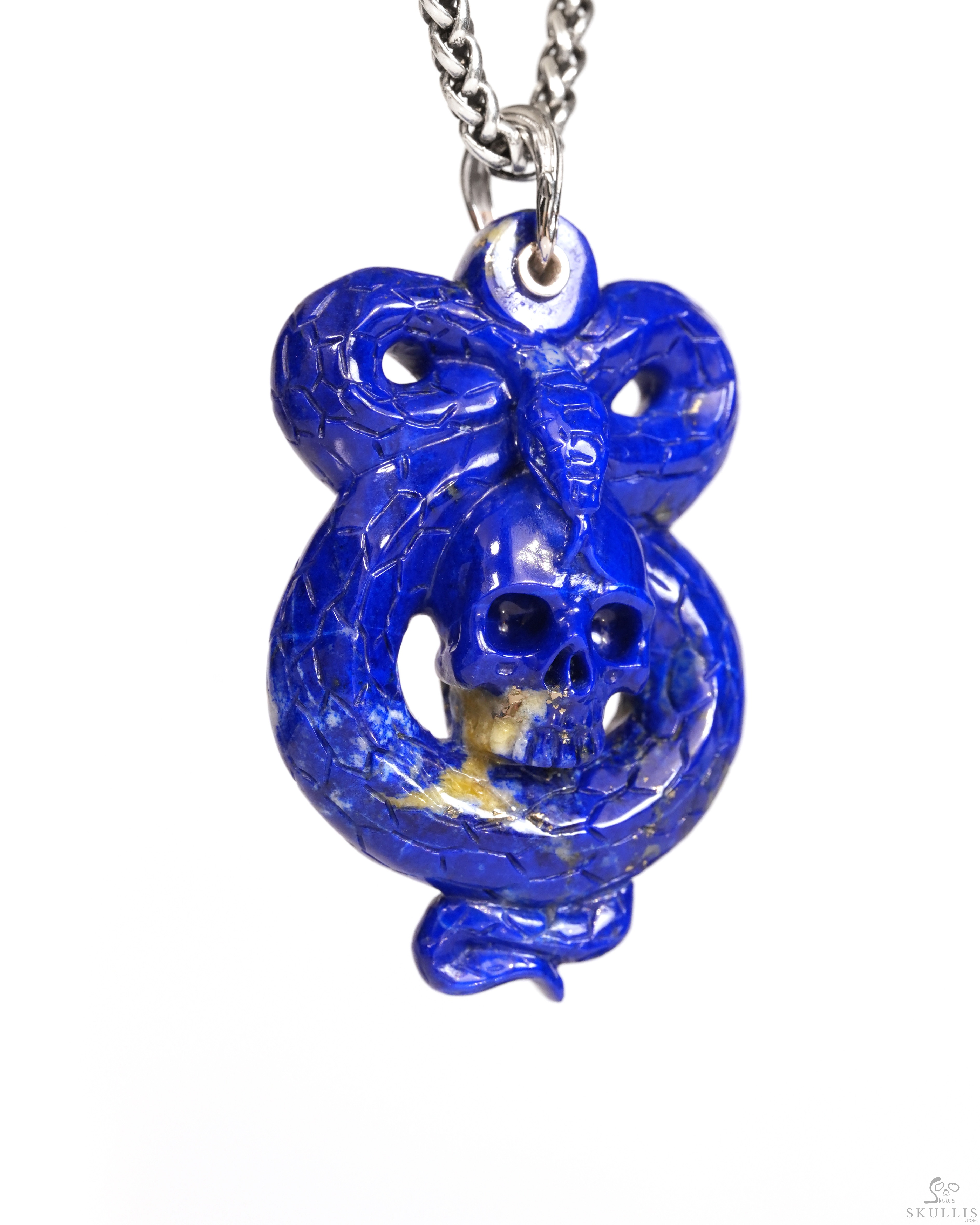 Gemstone Necklace of 1.9" Lapis Lazuli Hand Carved Crystal Skull and Snake Pendant, Skull Jewelry Gemstone Necklace of 1.9" Lapis Lazuli Hand Carved Crystal Skull and Snake Pendant, Skull Jewelry