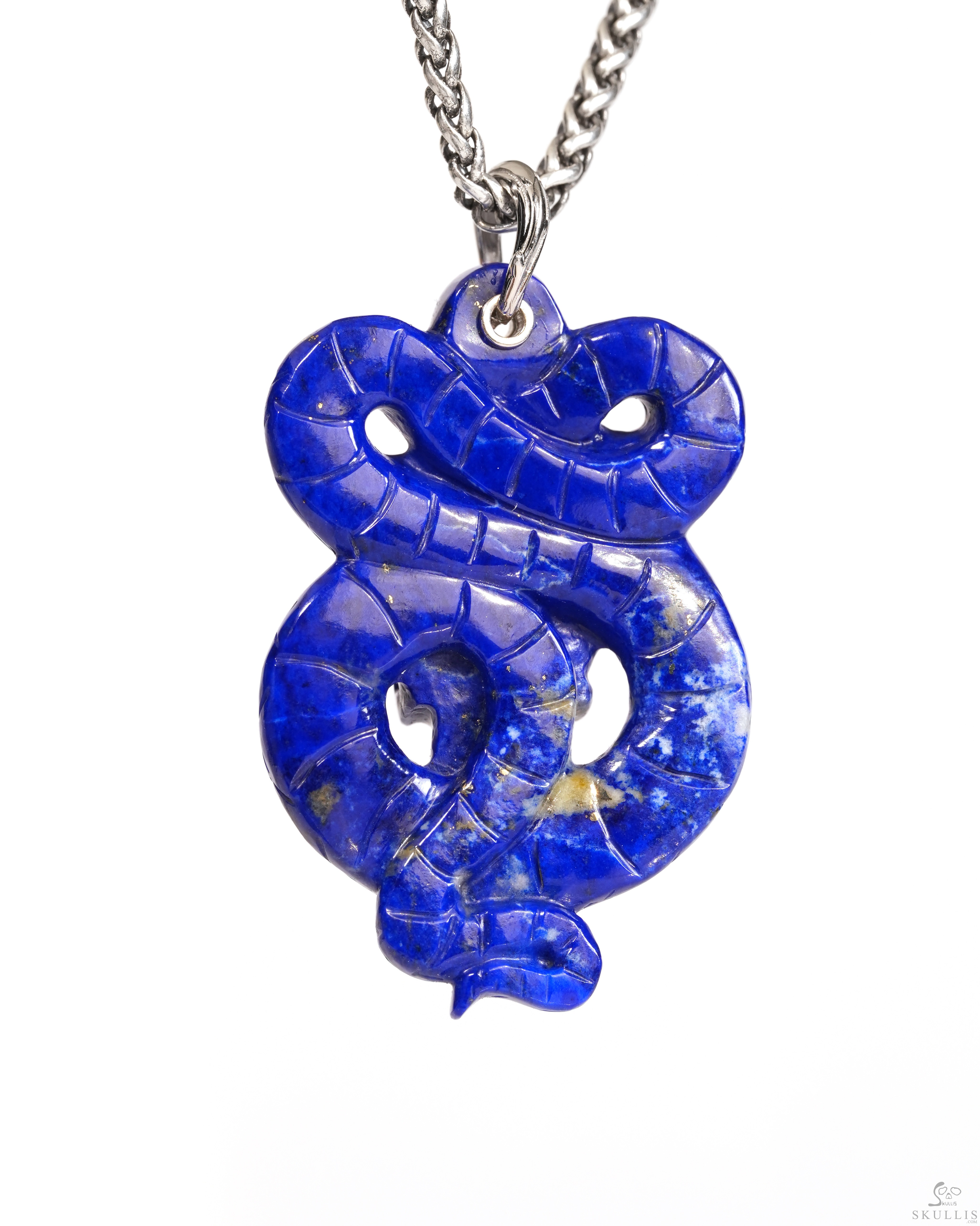 Gemstone Necklace of 1.9" Lapis Lazuli Hand Carved Crystal Skull and Snake Pendant, Skull Jewelry Gemstone Necklace of 1.9" Lapis Lazuli Hand Carved Crystal Skull and Snake Pendant, Skull Jewelry