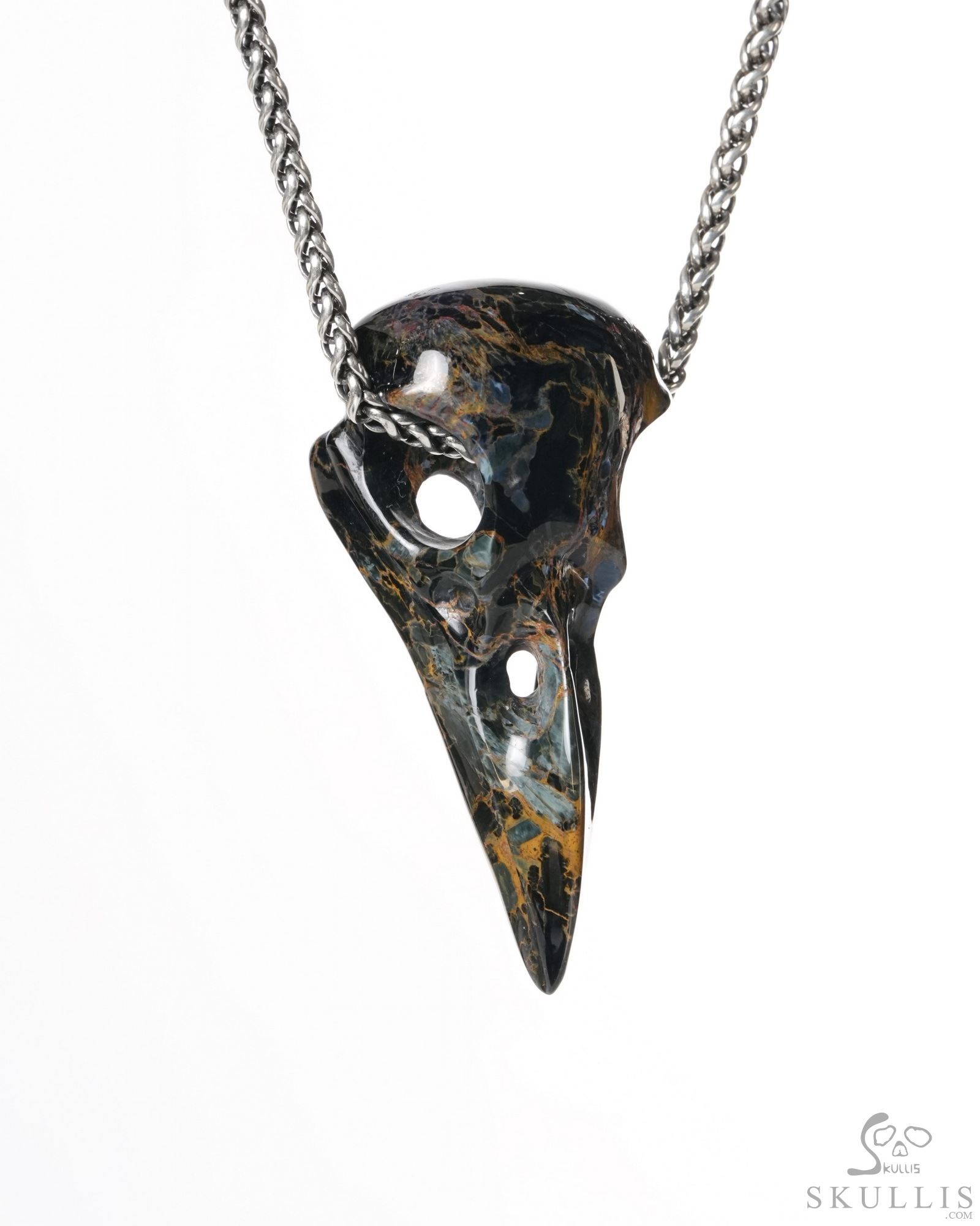 Night Pathfinder - 2.0" Pietersite Hand Carved Crystal Raven Skull Pendant, Crystal Healing Skull Jewelry, for Women & Men Night Pathfinder - 2.0" Pietersite Hand Carved Crystal Raven Skull Pendant, Crystal Healing Skull Jewelry, for Women & Men