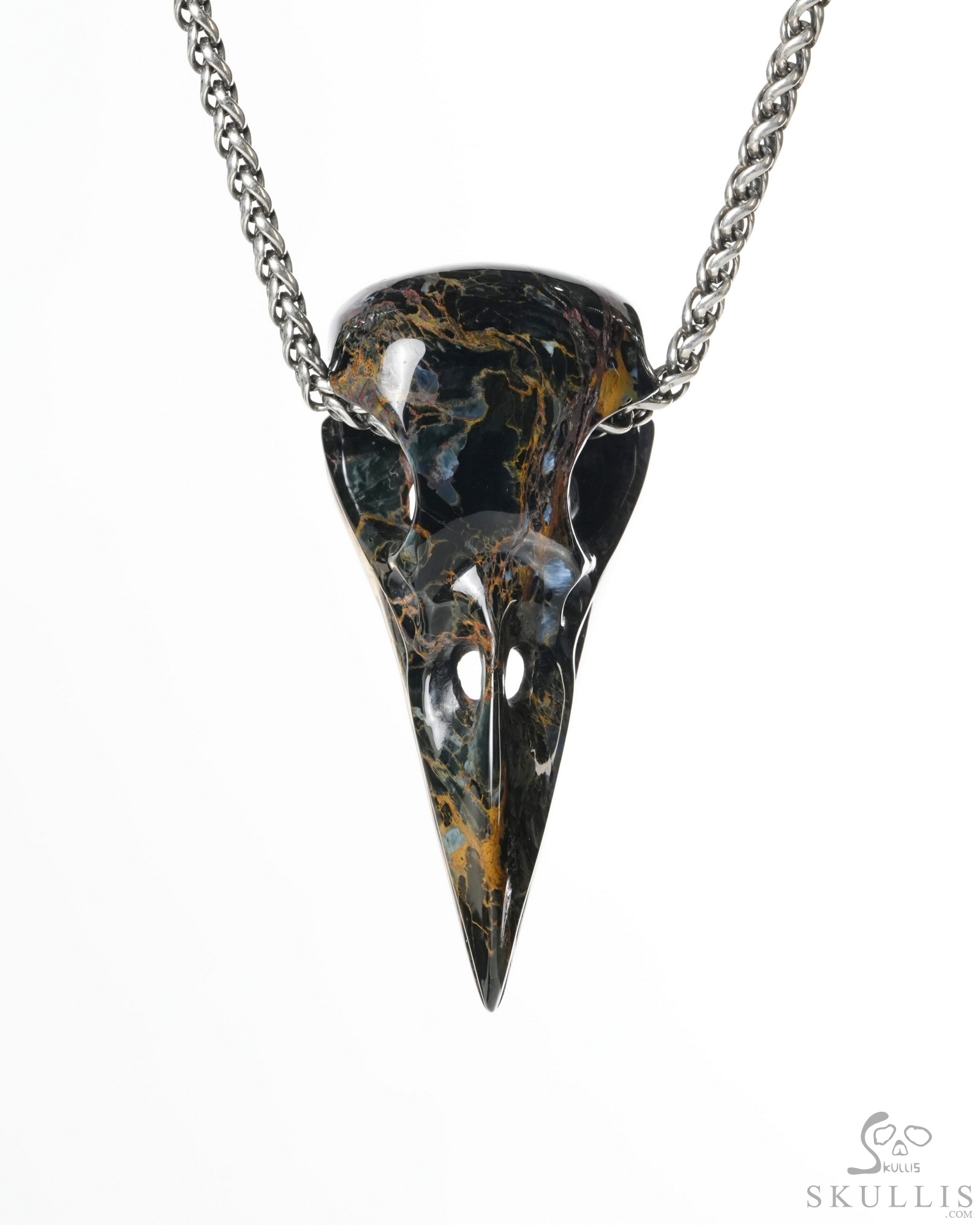 Night Pathfinder - 2.0" Pietersite Hand Carved Crystal Raven Skull Pendant, Crystal Healing Skull Jewelry, for Women & Men Night Pathfinder - 2.0" Pietersite Hand Carved Crystal Raven Skull Pendant, Crystal Healing Skull Jewelry, for Women & Men